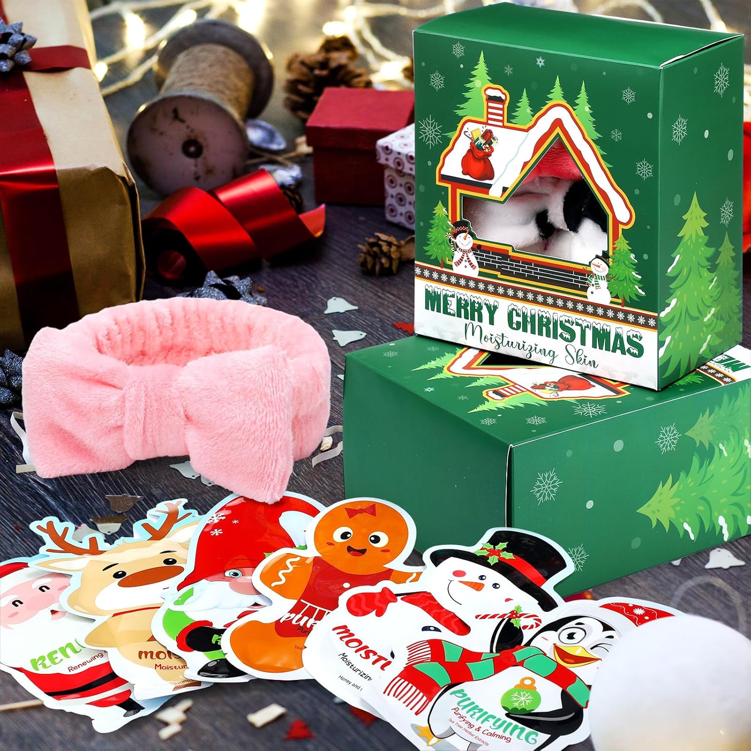 Timgle 52 Pcs Christmas Stocking Stuffers Facial Masks with Bow Headband Gift Set Christmas Fragrance Face Masks Skincare Gift Xmas Holiday Sheet Masks Spa Gifts Bulk for Adults Spa Day Party Night