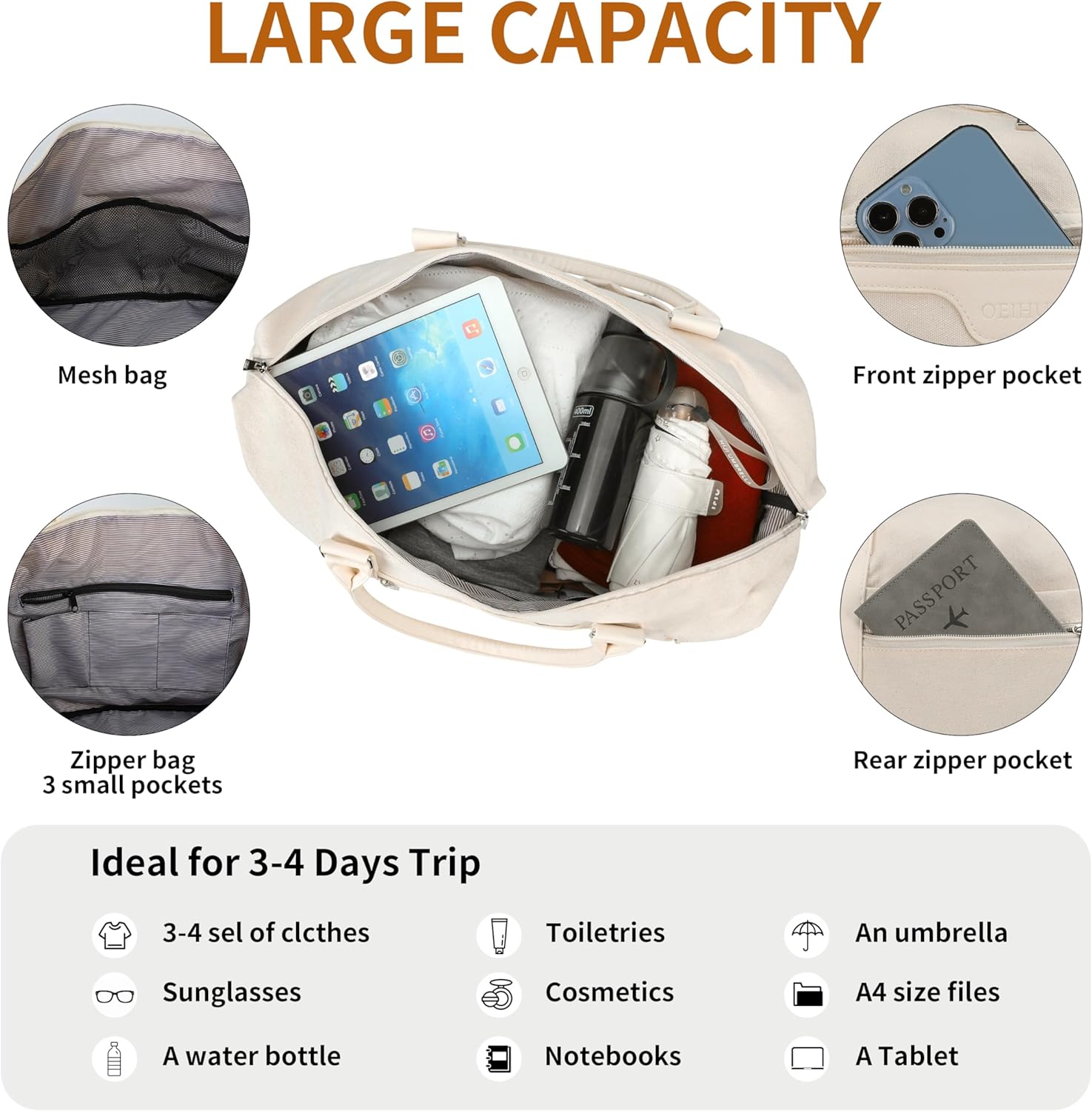 Oeihuivt Weekender Bags for Women - 21 Inch Large Travel Duffel Bag 2-Piece Set with Shoe Compartment, Heavy-Duty Canvas Leather Carry On Overnight Tote - Image 8