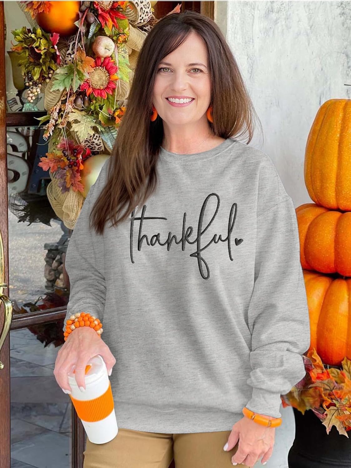 Thanksgiving Sweatshirts for Women Thankful Sweatshirt 2025 Trendy Fall Embroidered Graphic Pullover Top - Image 3