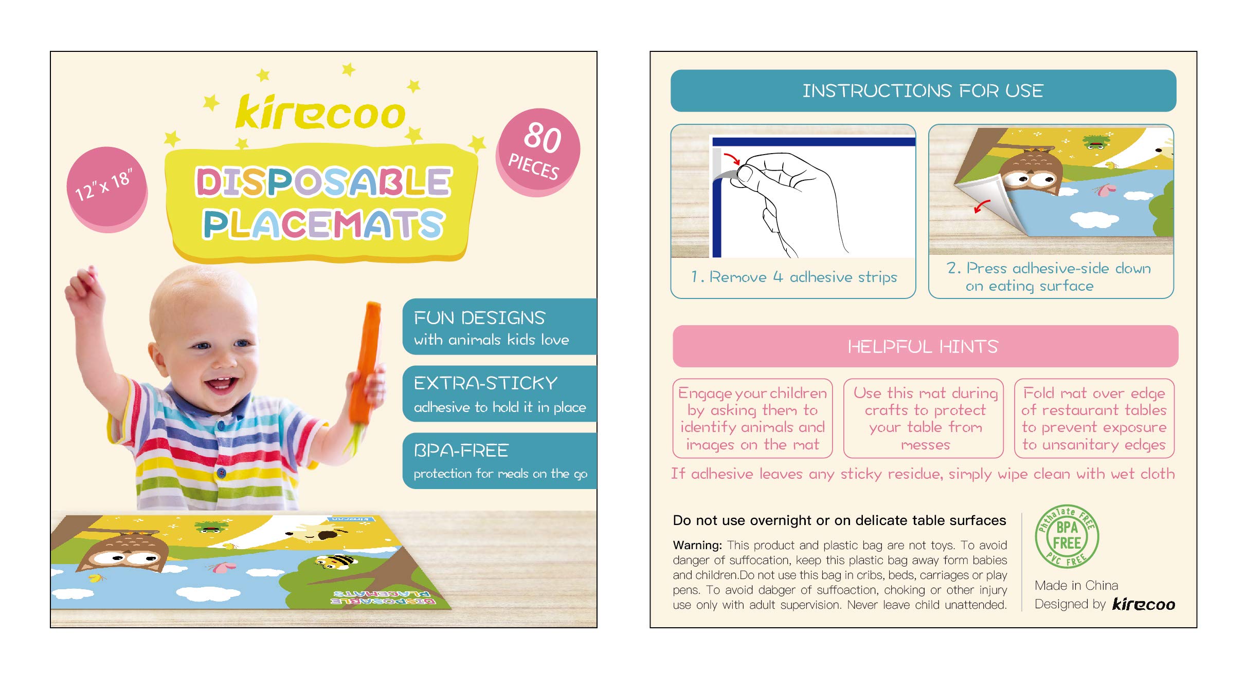 Kirecoo Disposable Placemats Baby Placemat for Restaurant, Extra Adhesive Sticks to Table, 60