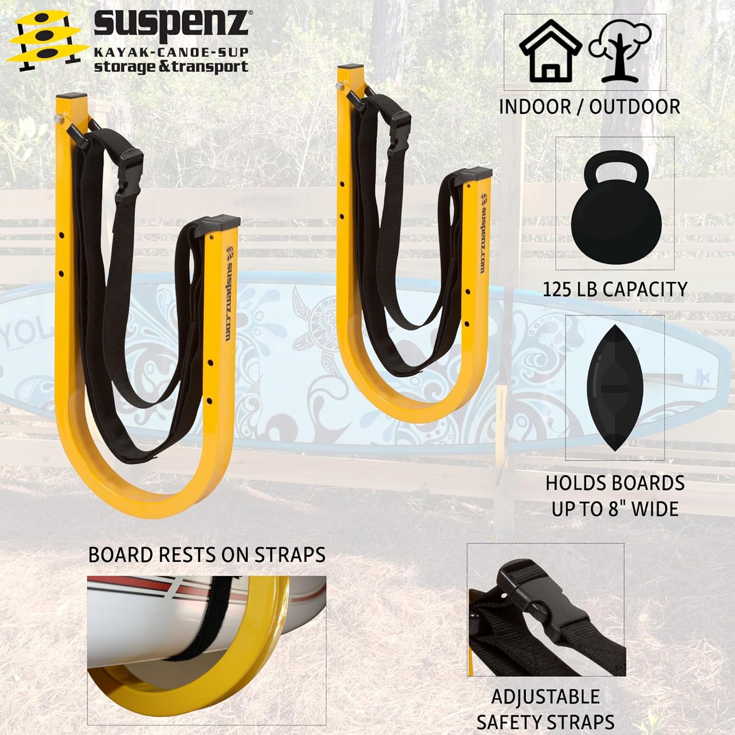 Suspenz SUP Storage Rack, Stand Up Paddle Board and Surfboard Rack with Safety Straps