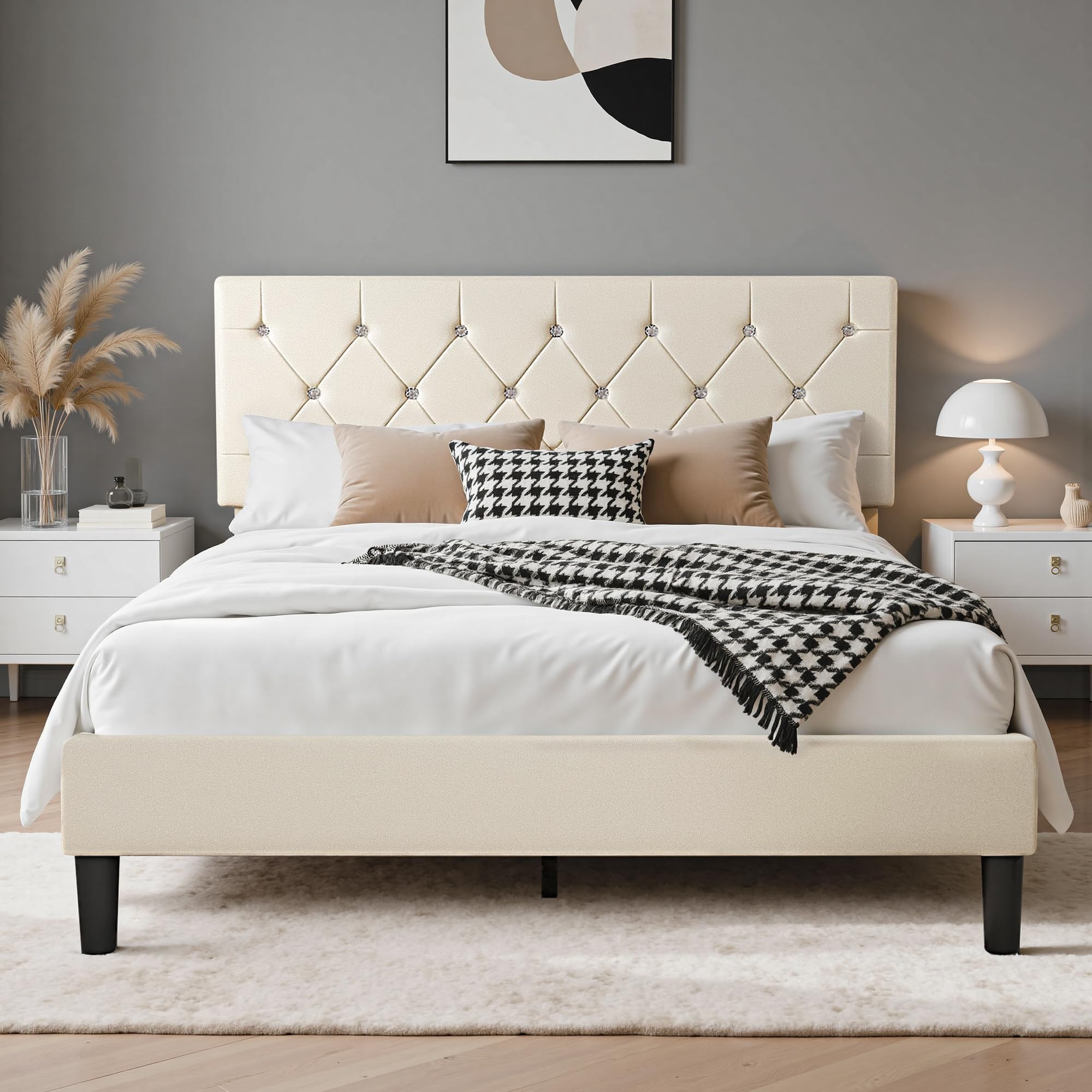 VECELO 4ft6 Double Bed Frame, Soft Velvet Upholstered Platform Bed with Diamond Tufted Headboard, Sturdy Wood Slat Support, Easy Assembly, No Box Spring Needed