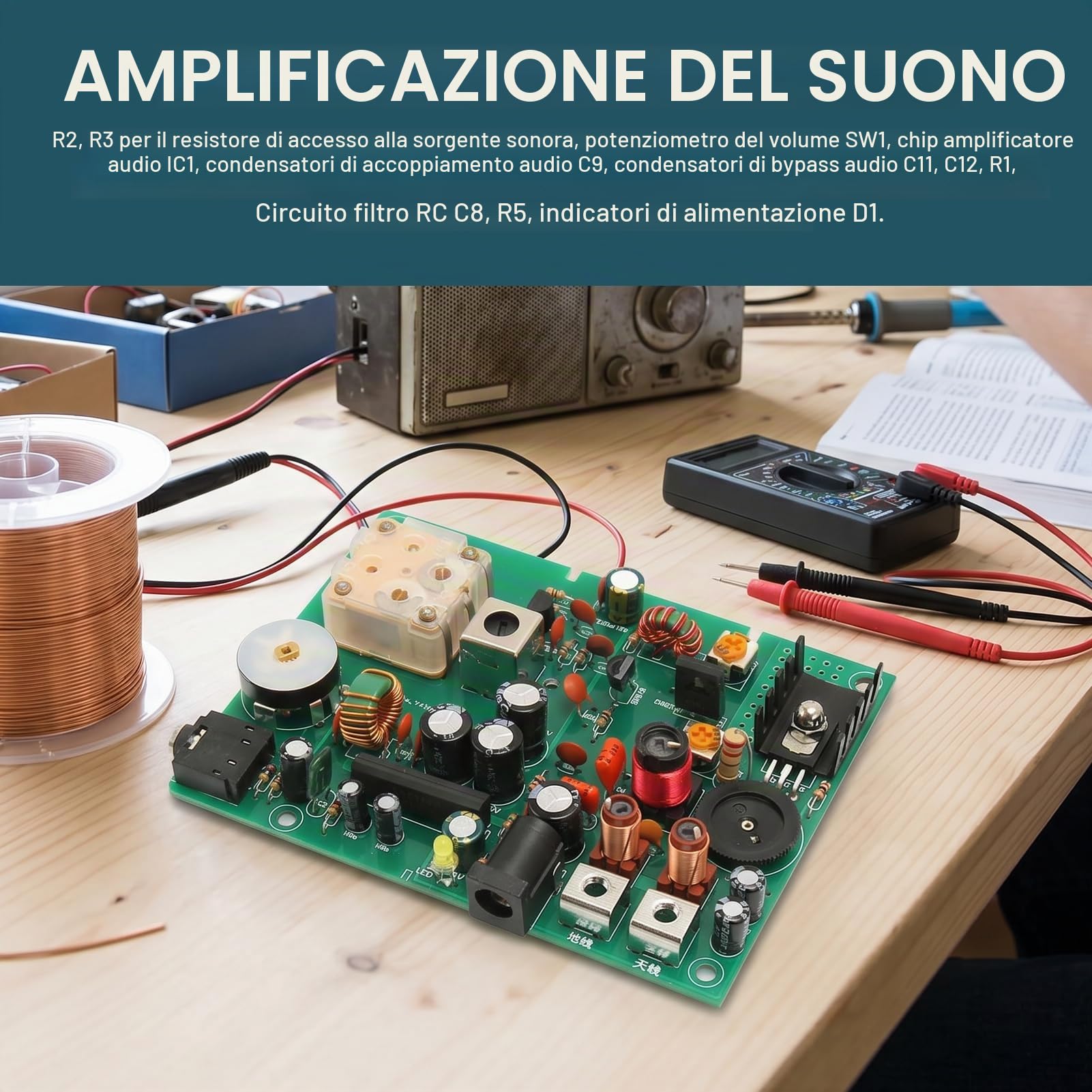 Kit Trasmettitore AM, Trasmettitore Radio a Onde Medie Regolabile 530‑1600 KHZ Fai da Te per Esperimenti Scolastici, 20‑500 MW, da 2‑5 M, Ingressoda 3,5 Mm, Materiale PCB