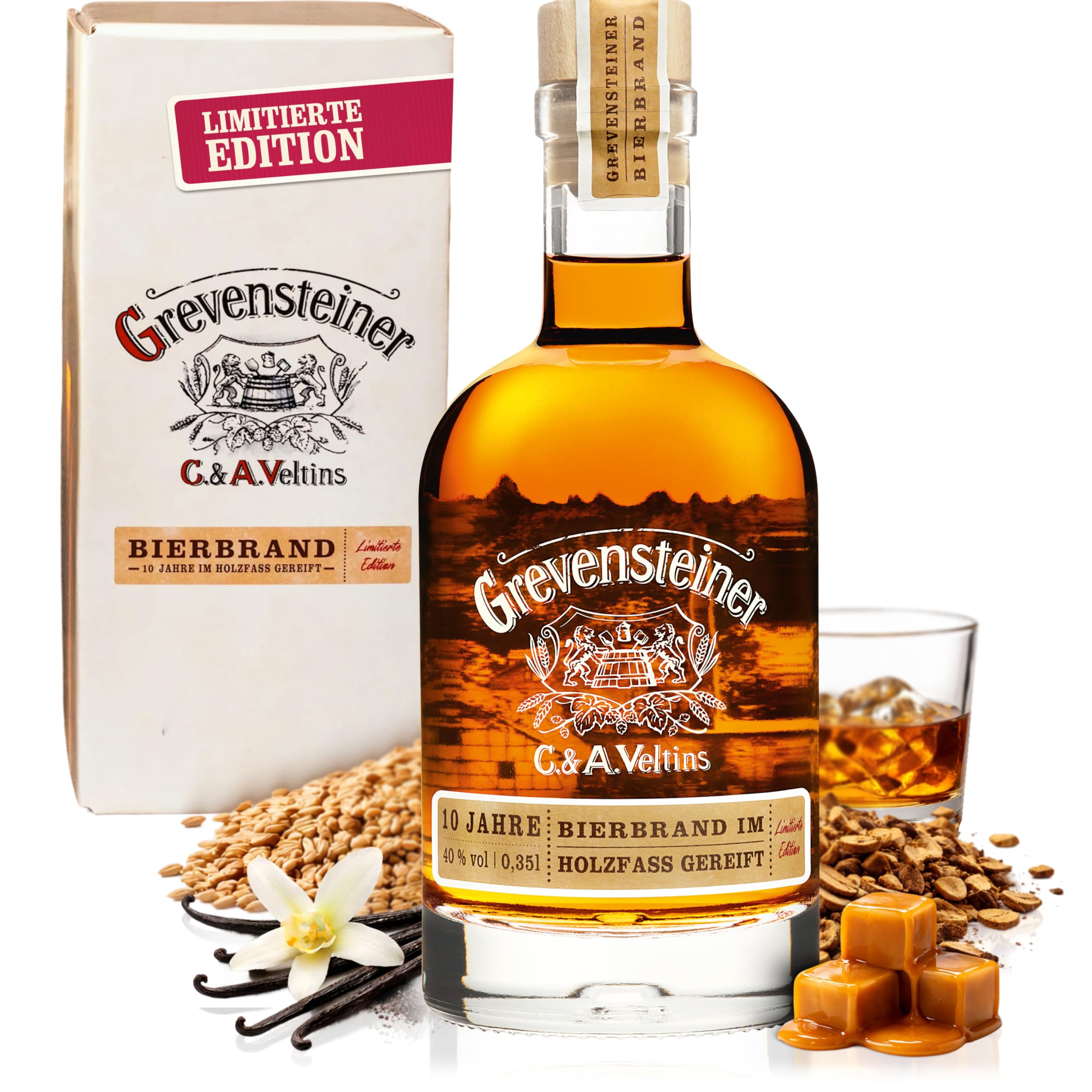 Grevensteiner Bierbrand 40% Vol 0,35 L I 10 Jahre im Eichenfass gereift I Premium Edelbrand aus Grevensteiner Landbier I Bourbonfass Lagerung I limitierte Spezialität I Geschenkidee für Bierliebhaber