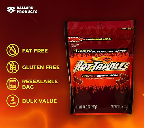 Miniatura 2 de Hot Tamales - Paquete de 2 bolsas de caramelos masticables de canela, 10 onzas cada una, paquete de dulces a granel de dulces de canela picantes,
