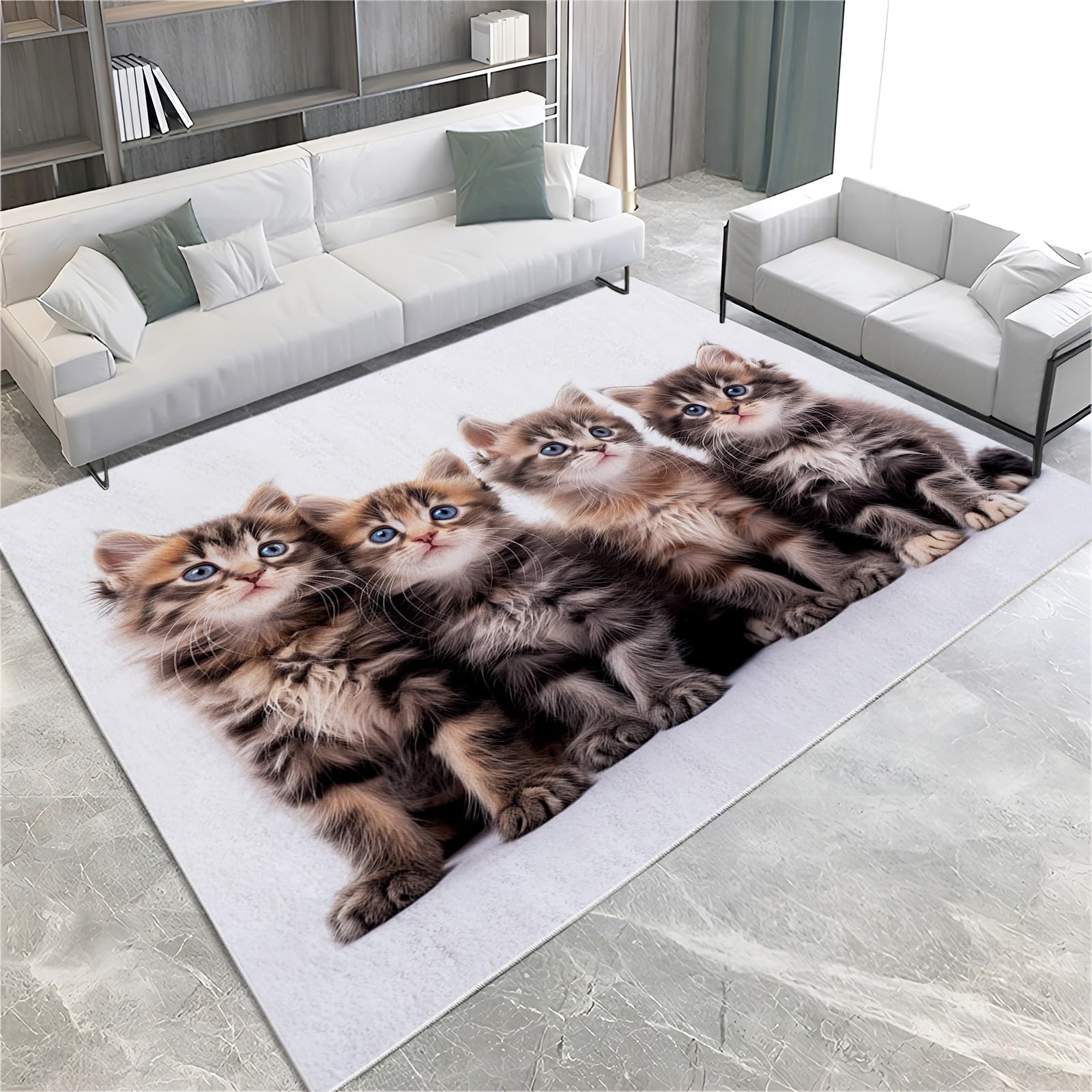 Generisch Waschbarer Teppich Tier Graubraune Katze 80x150cm Wohnzimmer Schlafzimmer Teppich, Flauschig Weich Kurzflor Teppich, Moderne 3D Druck Teppich, Anti-Rutsch Teppich Matte