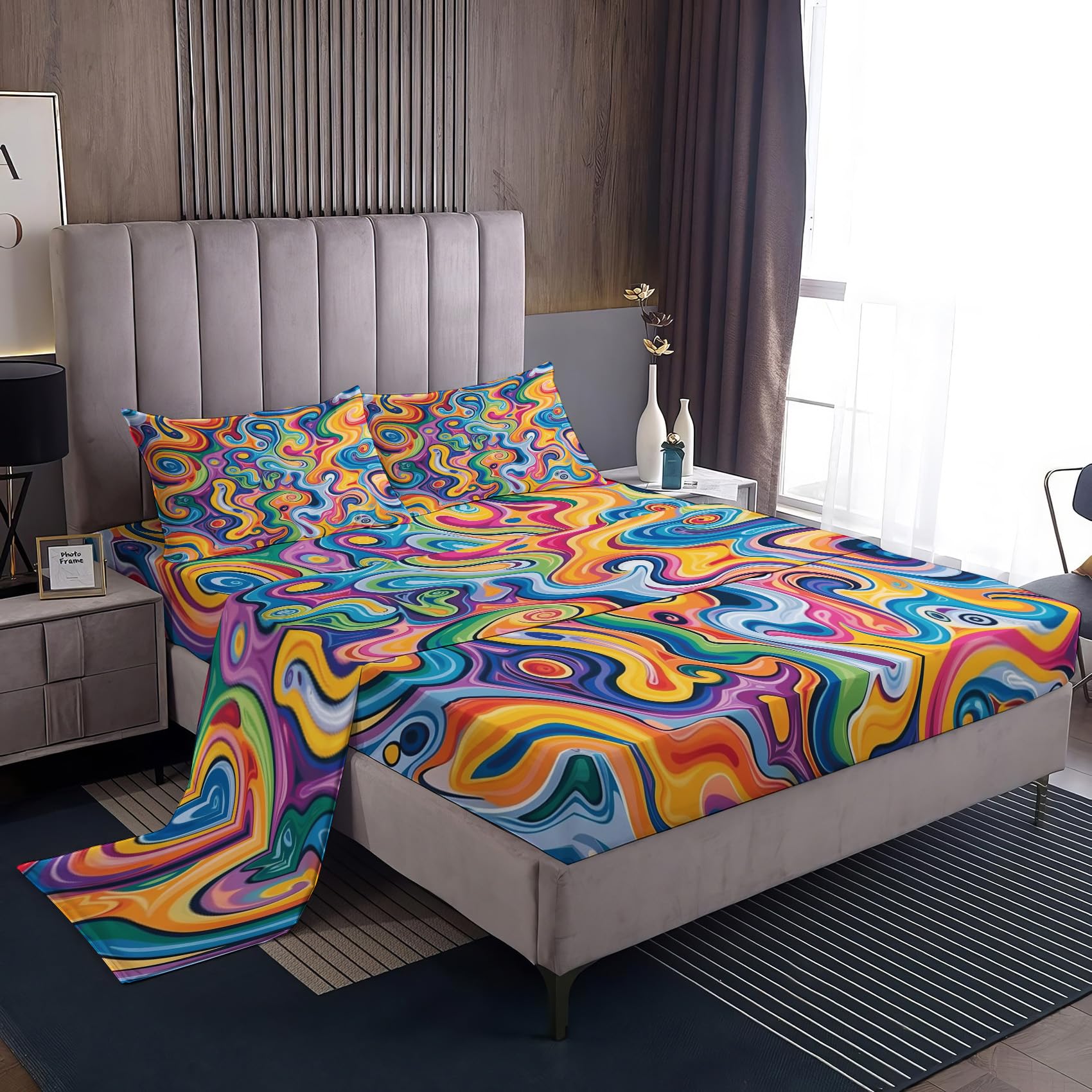 THYUNQ California King Bed Sheet Set - 4 Piece Psychedelic Print Sheets & Pillowcases, 14" Deep Pocket, Super Soft Microfiber - View #5