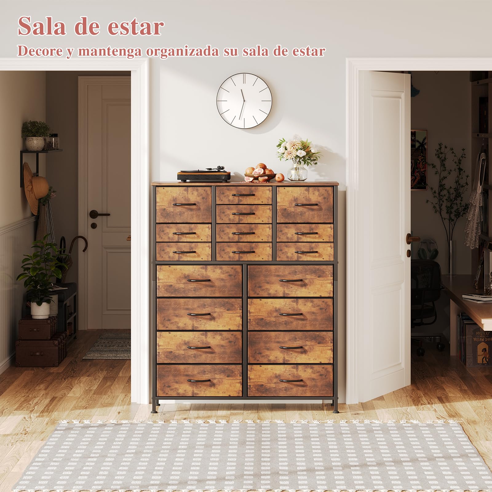 CAIYUN Cómoda con 18 cajones de tela, cómoda para dormitorio, cómoda, salón, armario de almacenamiento, con marco de acero resistente, tablero de madera (marrón vintage)