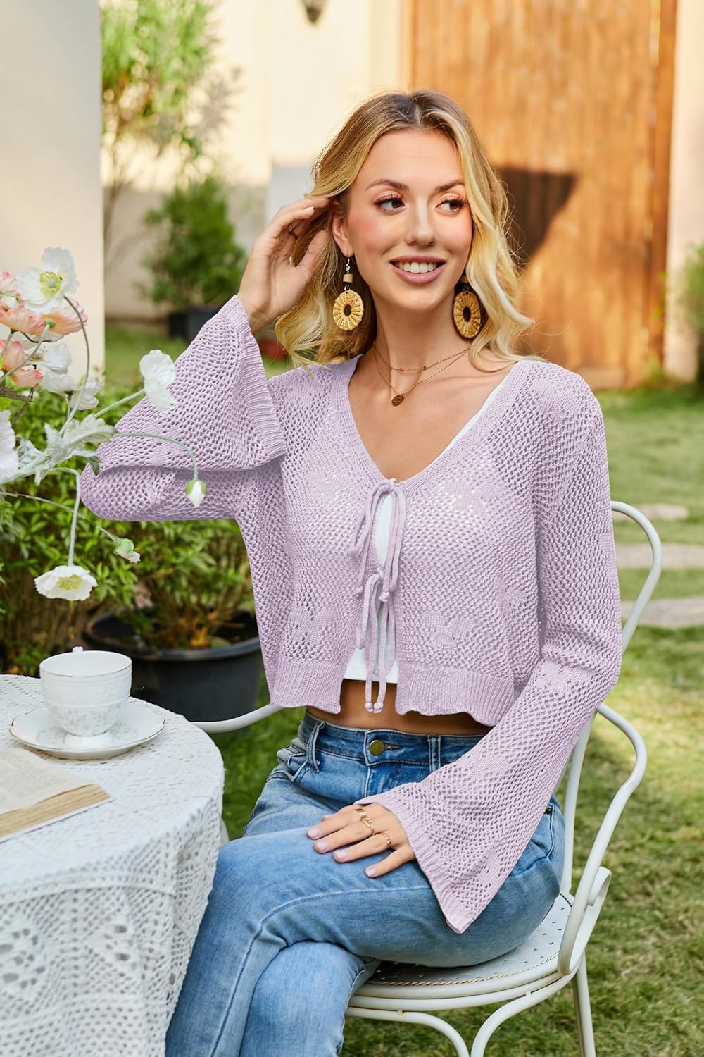 Balimtoy Women Tie Front Cardigan Crochet Sweater Crop Tops Cute Bell Long Sleeve Knit Shrug Beach Vacation Cover Up - Image 5