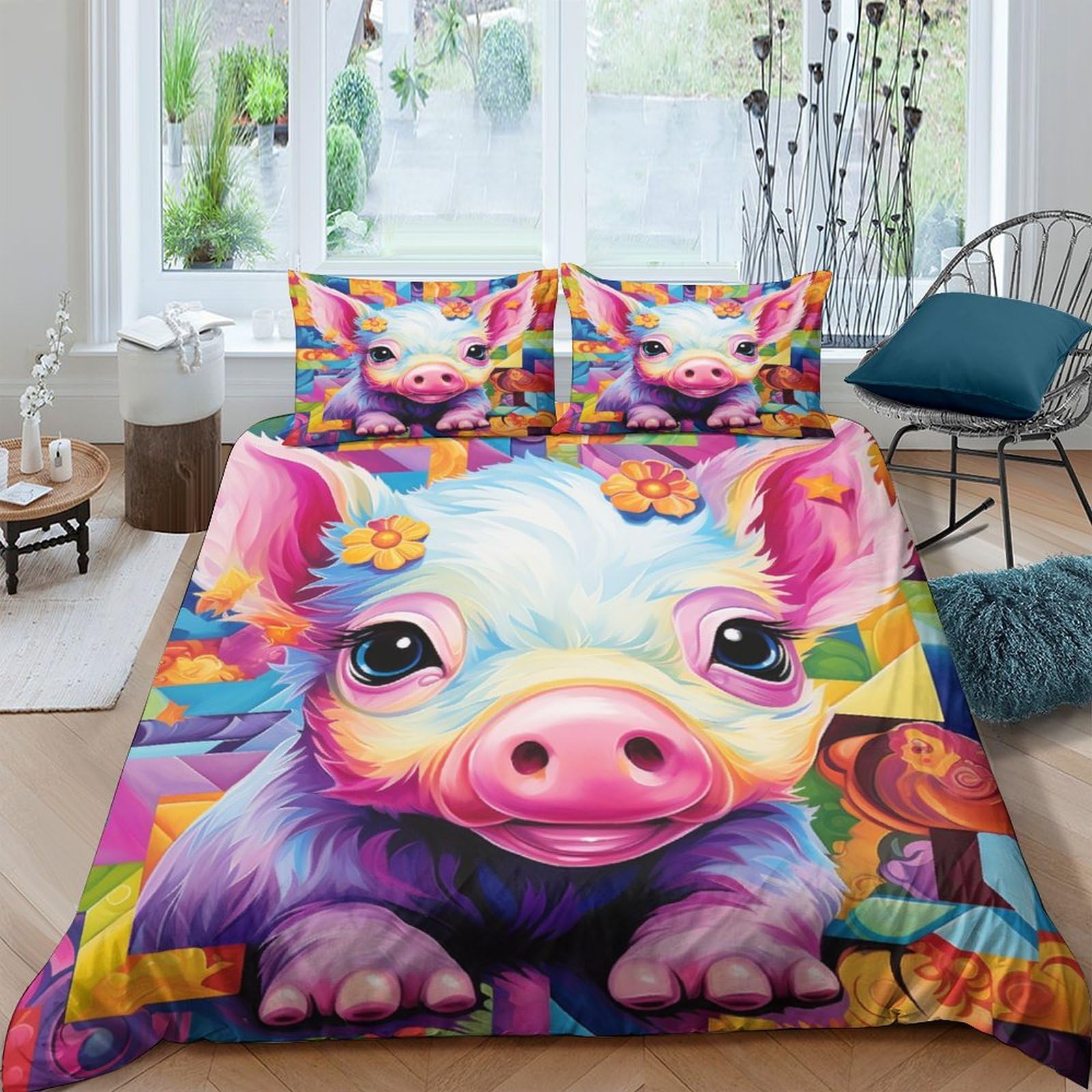 Housse de couette porcs 3D et taie d'oreiller parure de lit microfibre respirante 200x200cm
