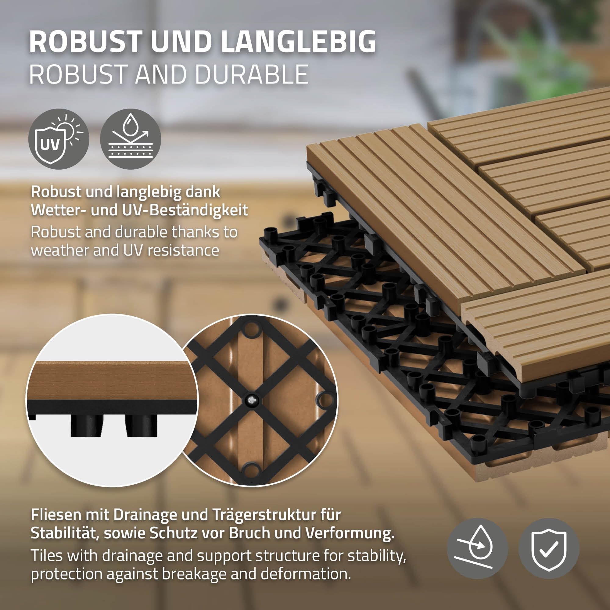 Gimisgu Terrastegels WPC-tegels 30x60 cm houtlook kliktegels balkontegels kliksysteem terrasplanken kliktegels kunststof vloertegel met drainage set van 12 voor 2 m² antraciet