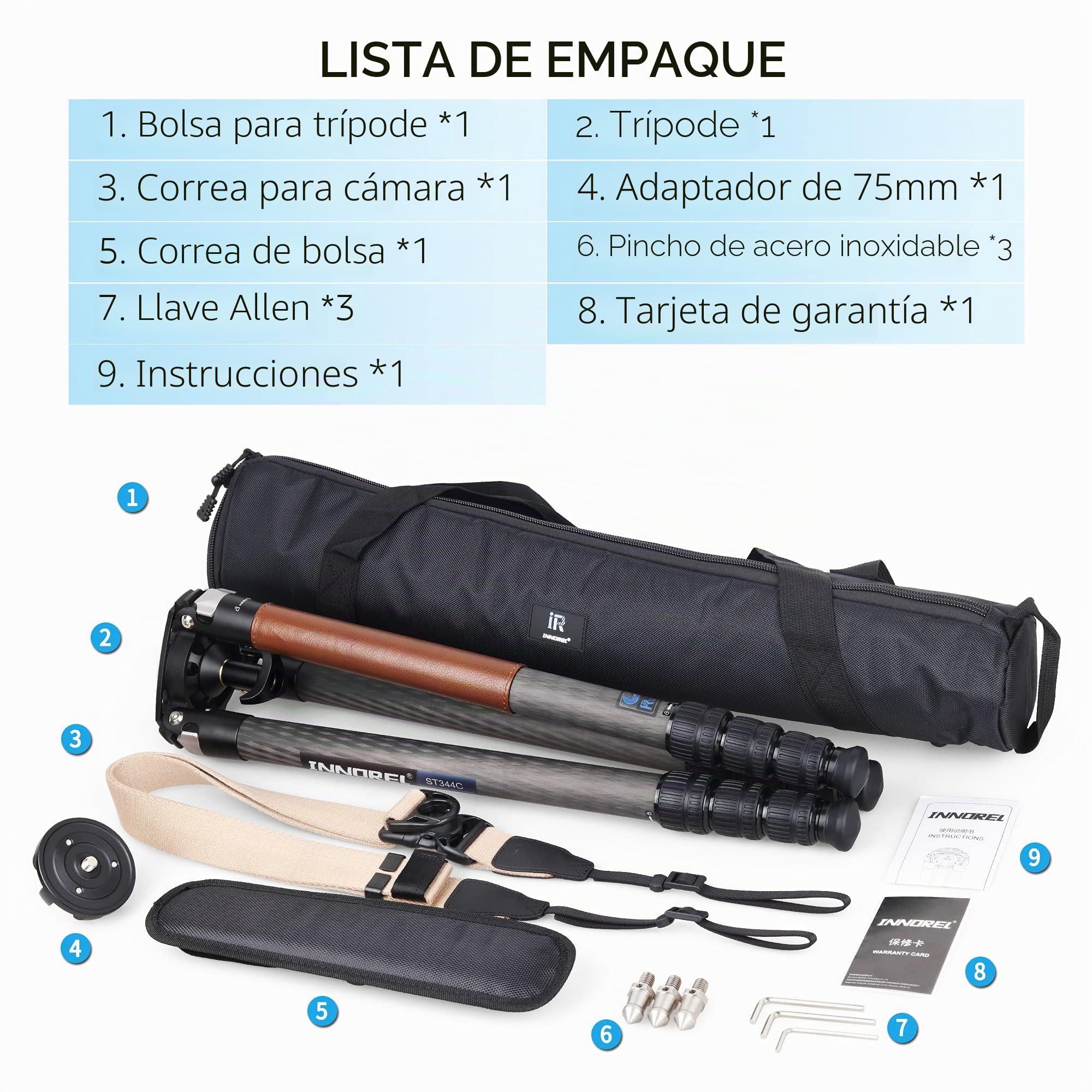 Trípode de Fibra de Carbono de 4 Secciones, INNOREL ST344C 160cm Trípode Profesional para Cámara, Accesorios de Fotografía, con 75 mm de Adaptador, Tubo Máximo 34mm, Carga máxima de 35 kg
