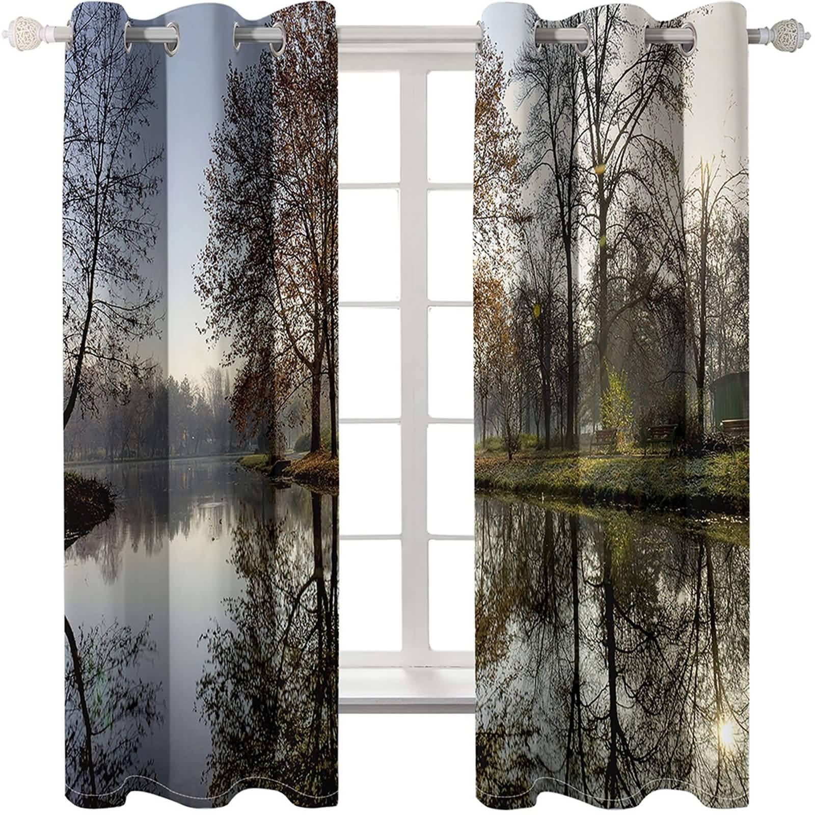 Schlafzimmer Vorhänge Blickdicht, 234x274cm Graubraun See- und Baumlandschaften Vorhang für Schlafzimmer-Fenstervorhänge