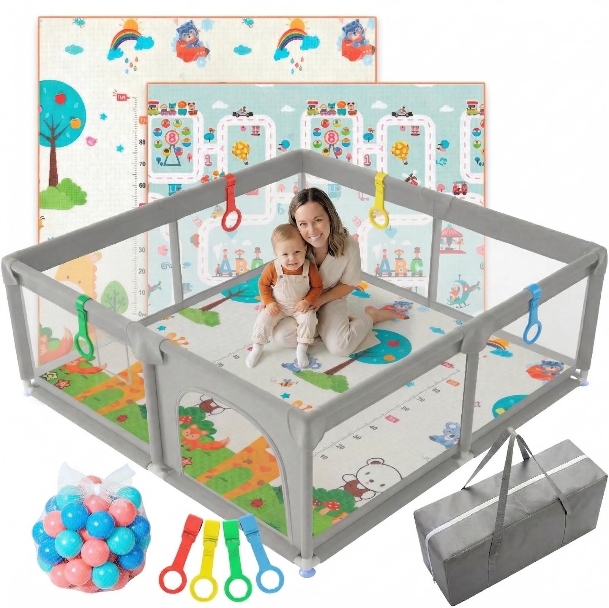 JUPPLIES Parque Infantil Bebe 120x120cm + Alfombra Bebe + 50 Bolas + Agarraderas + Bolsas de Transporte – Corralito Bebe con Malla Transpirable (Gris 120 * 120 completo + agarraderas)