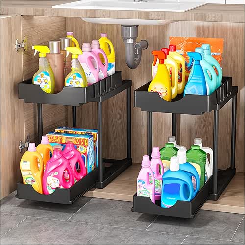 2 Pack Double Sliding Under Sink Organizers and Storage,Two Tier