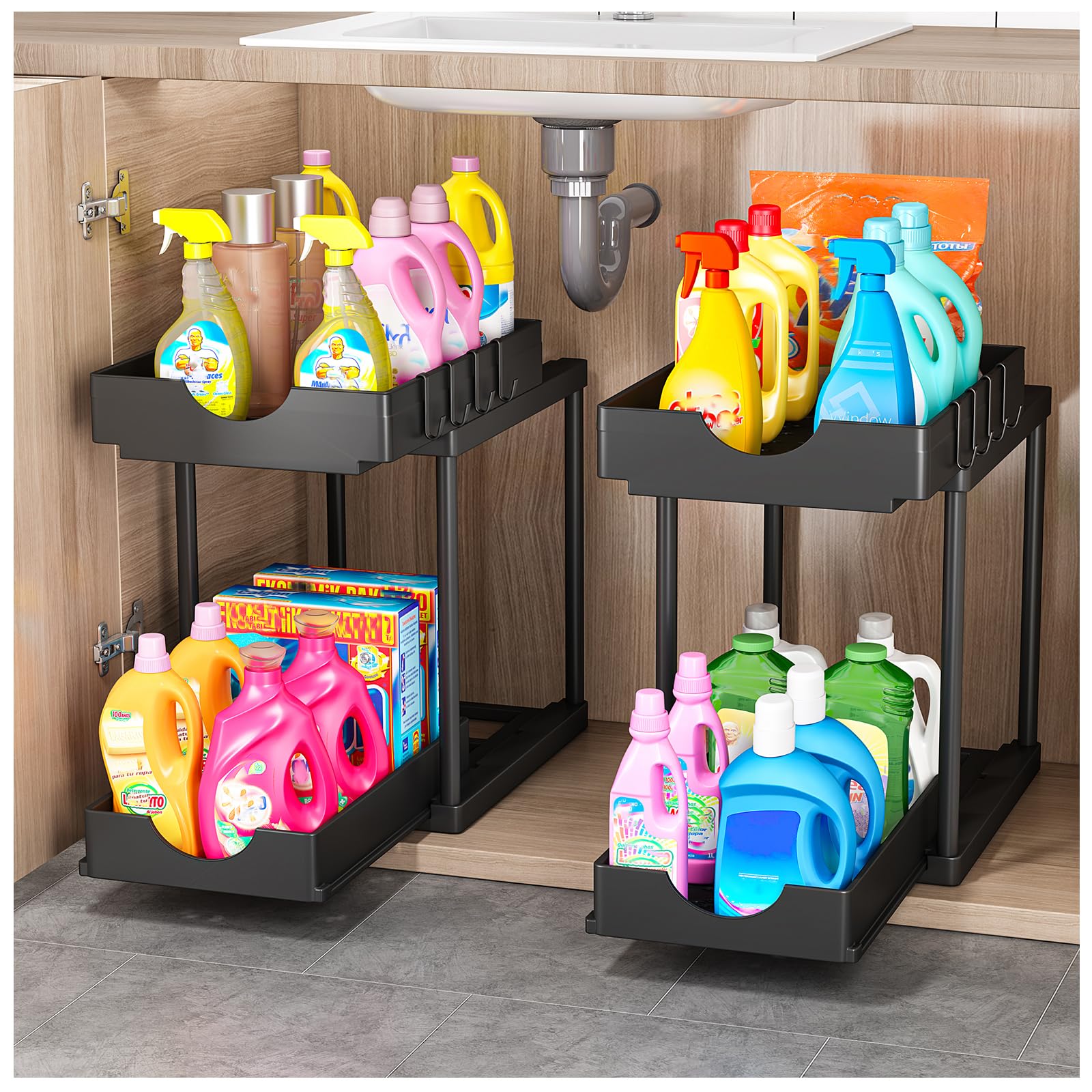 2 Pack Double Sliding Under Sink Organizers and Storage,Two Tier Bathroom Storage and organization,Under Cabinet Organizer with Hooks,Home Organization,Black