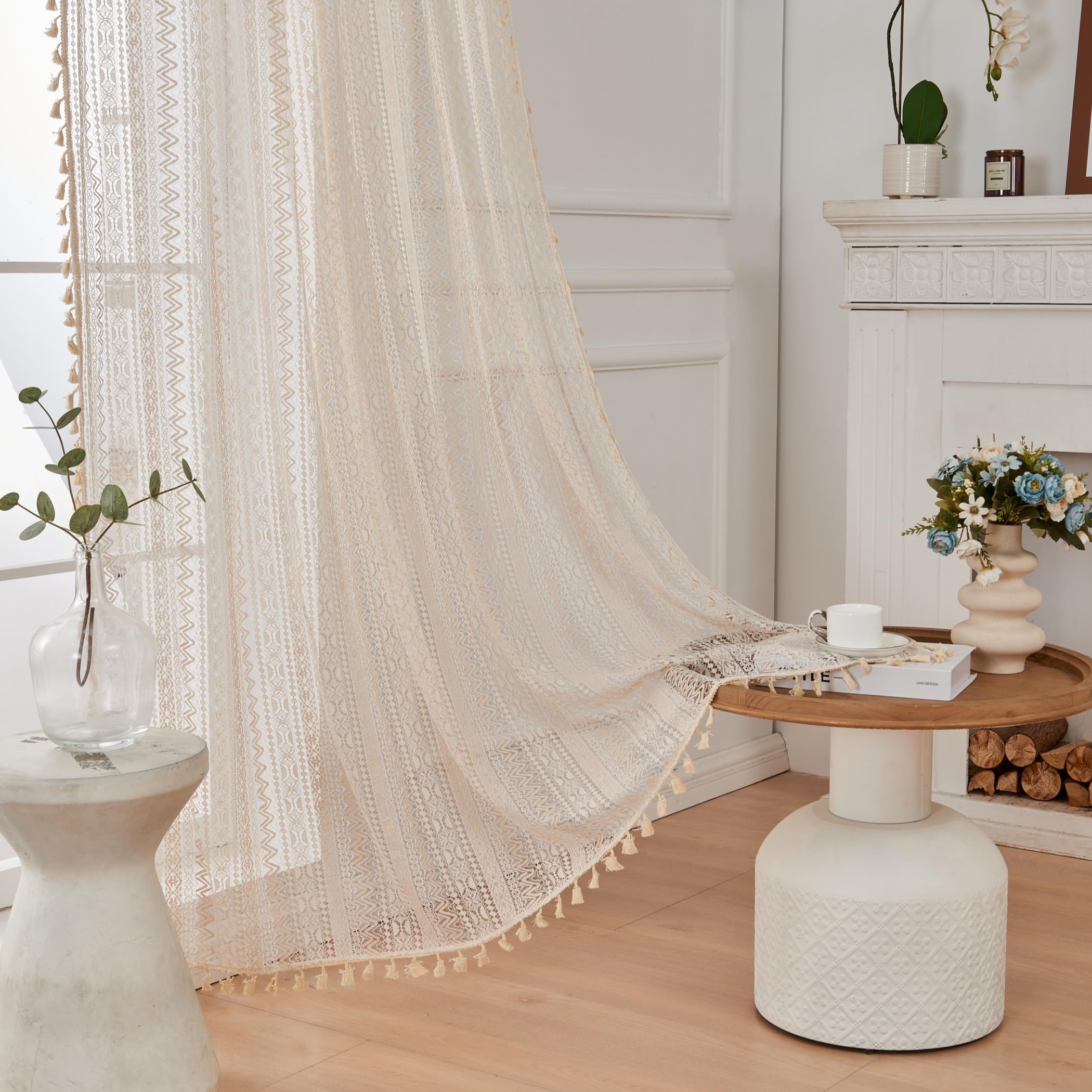 USTIDE Beige Wave Crochet Curtain 1 Panel Farmhouse Sheer Curtain with Tassels 150x160cm, W 59.1" x L 63" (1 Panels)