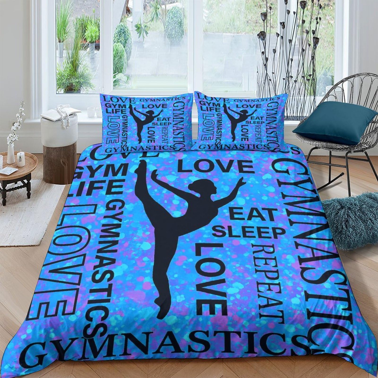 Ctjqhvkz Style-4 3D Printed Gymnast Silhouette Fitted Sheet Microfiber Blue Love Letter Bed Cover For Bedroom Dorm Decor Single（135X200cm）