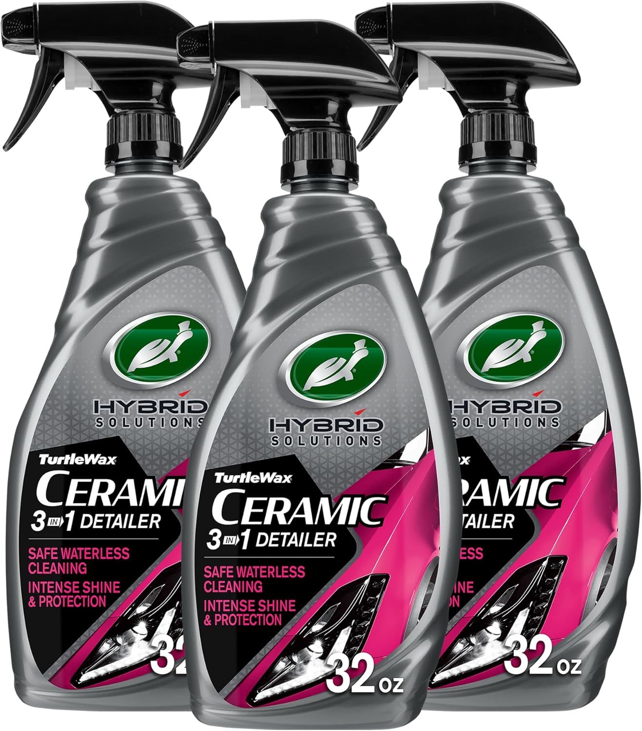 Turtle Wax Hybrid Solutions Ceramic 3-in-1 Car Detailer, Waterless Car Wash, Long-lasting HydrophobicWax Protection and High Gloss Shine, Safe For All Exterior Surfaces, 32 oz (Pack of 3)