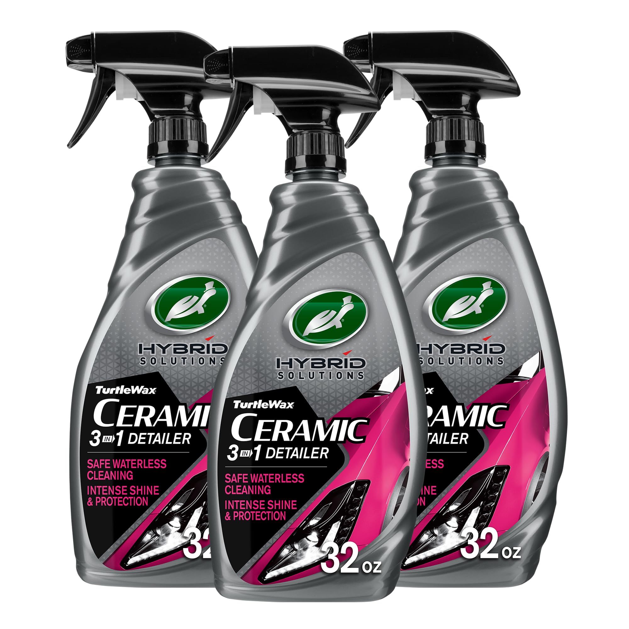 Turtle Wax Hybrid Solutions Ceramic 3-in-1 Car Detailer, 32 oz. (Pack of 3) | Long-lasting Hydrophobic Car Wax Protection & High Gloss Shine, Waterless Car Wash, Safe For All Exterior Surfaces