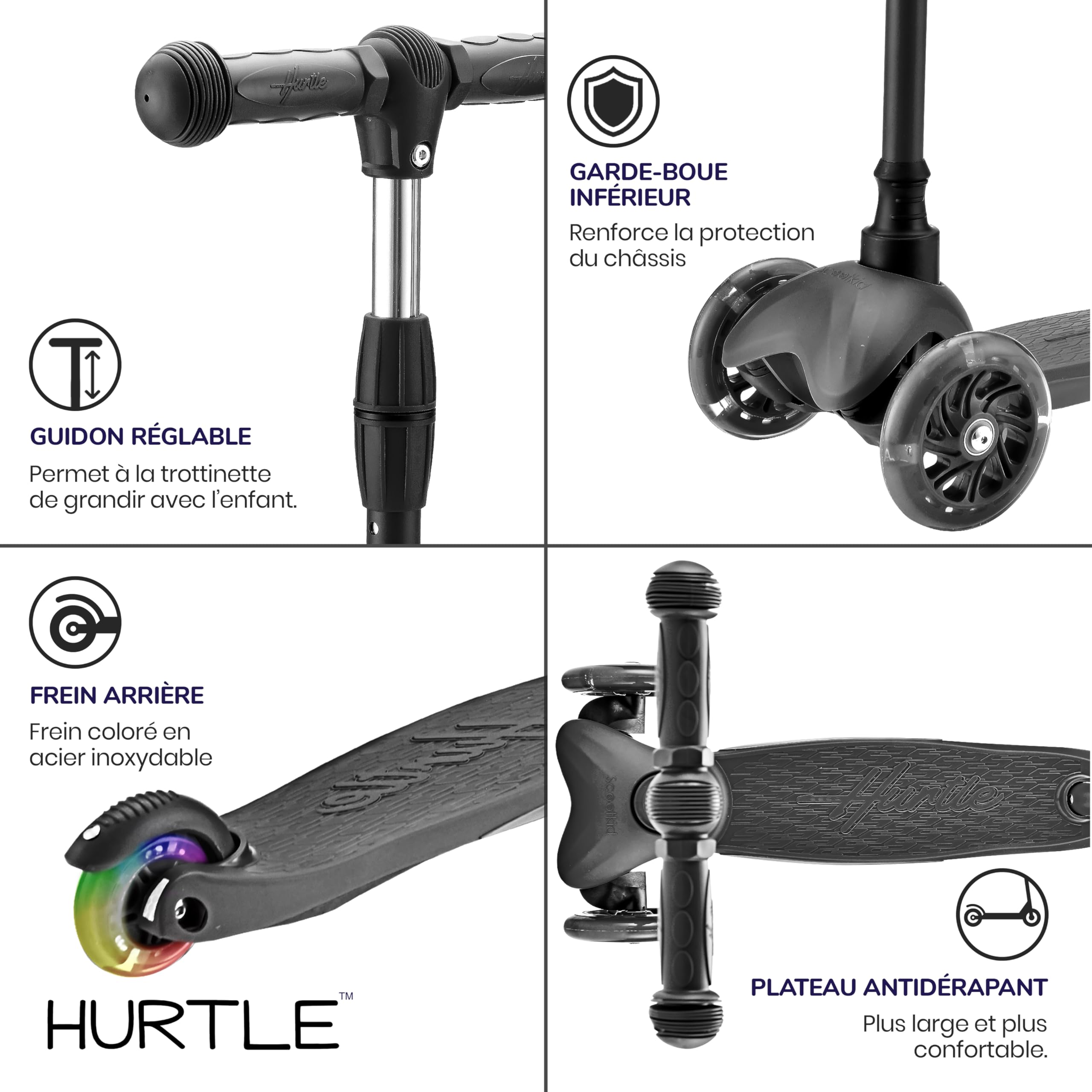 Hurtle Trottinette Enfant et Tout-Petit – Trottinette Tricycle de Qualité avec Plateau Stable et Roues à LED Lumineuses