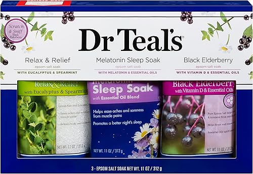 Dr Teal's Juego de regalo de trío de sal de Epsom (tres bolsas de 14 onzas)  Relájate y alivia, remojo de melatonina y saúco negro  Regala el regalo