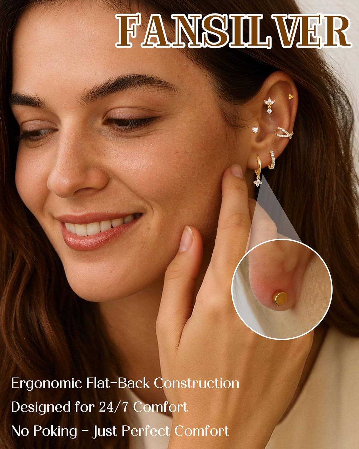 Fansilver 14K Gold Plated Earrings Stacks for Women, Hypoallergenic Surgical Stainless Steel Flat Back Earrings,Dainty Small Huggie Hoops Studs Earring-Cartilage Earring Set for Multiple Piercing - Image 3