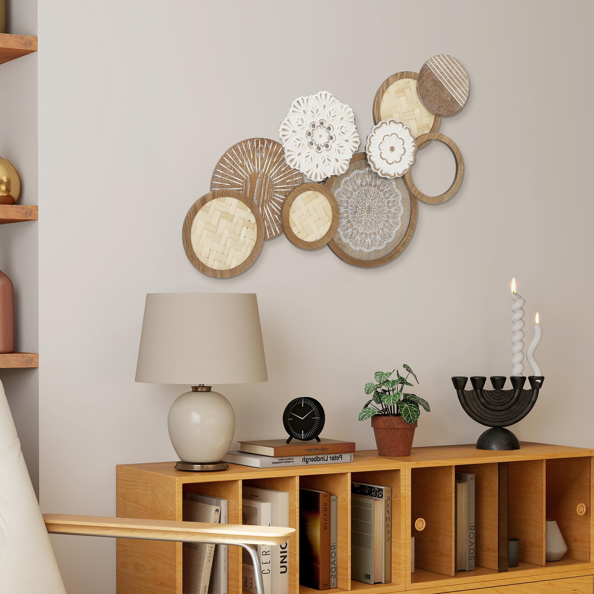 HOMCOM Decorazione murale in legno moderna, scultura murale in legno geometrica, design unico a più dischi, decorazione sospesa per soggiorno, camera da letto, ufficio, 83,8 x 44,5 cm, legno naturale