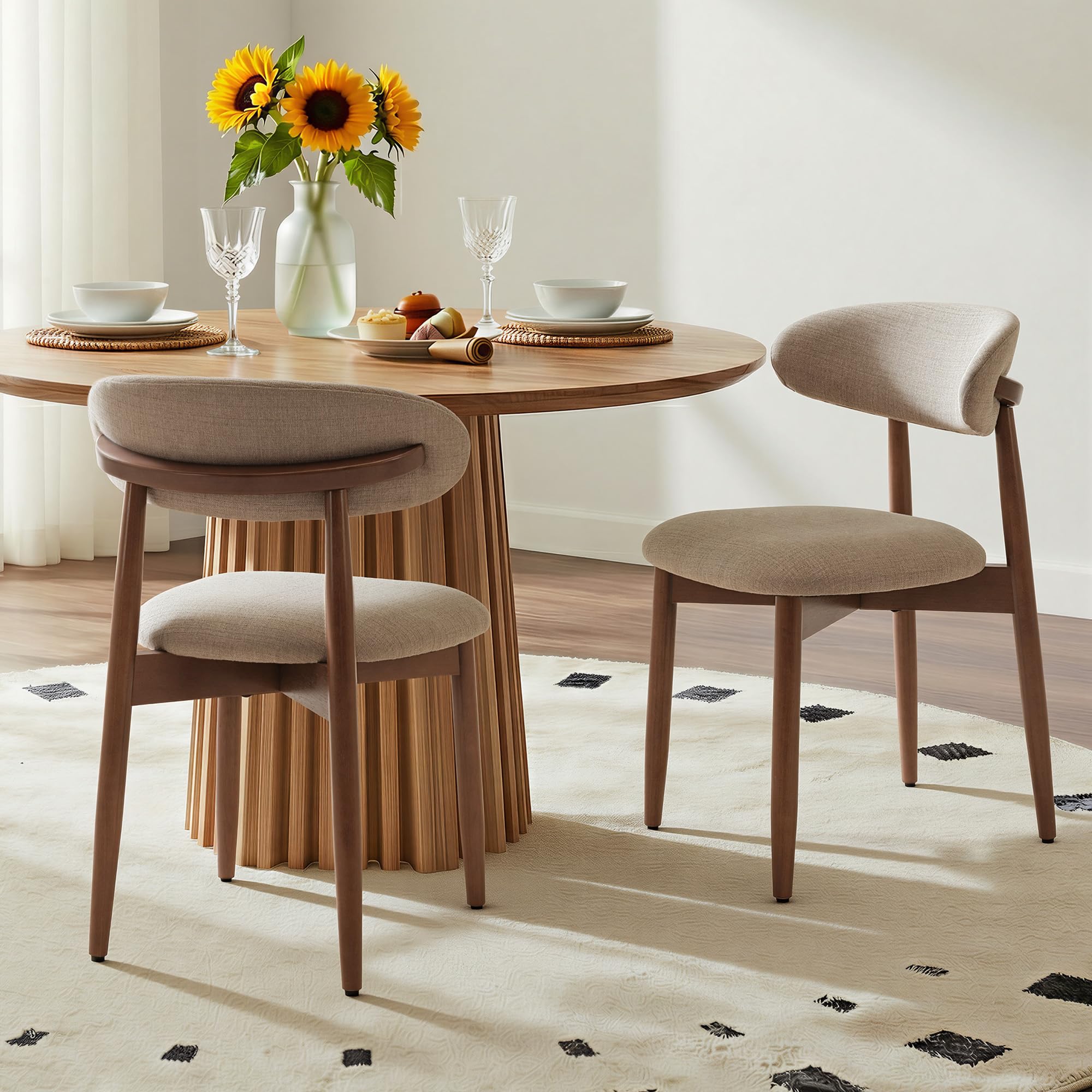 COLAMY Mid-Century Modern Wooden Dining Chair Set of 2, Indoor Upholstered Kitchen Chairs with 2.6" Cozy Padded Seat, Walnut Finish Side Dining Chair,