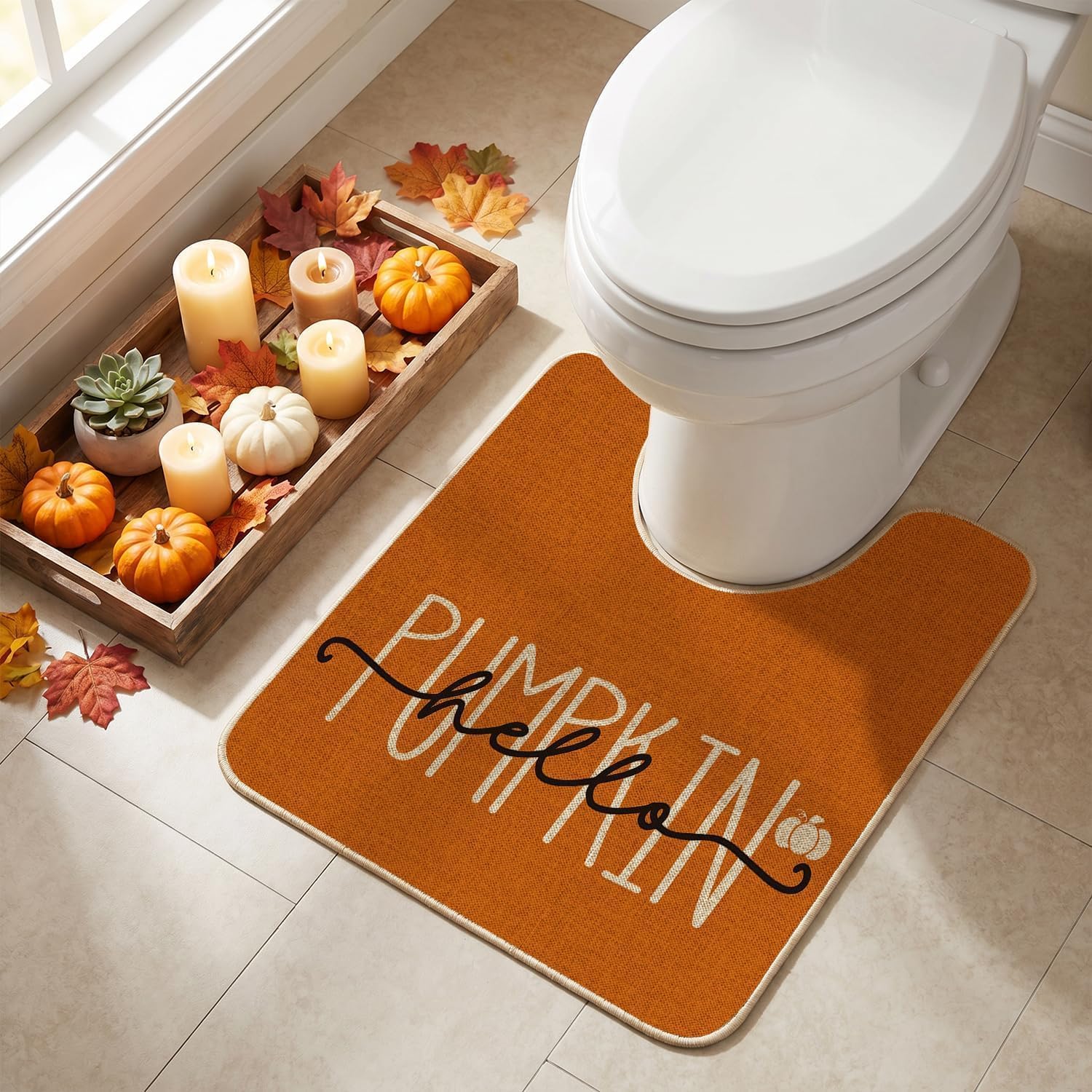 Artoid Mode Orange Hello Pumpkin Fall U Shaped Toilet Rug 20x24 Inch
