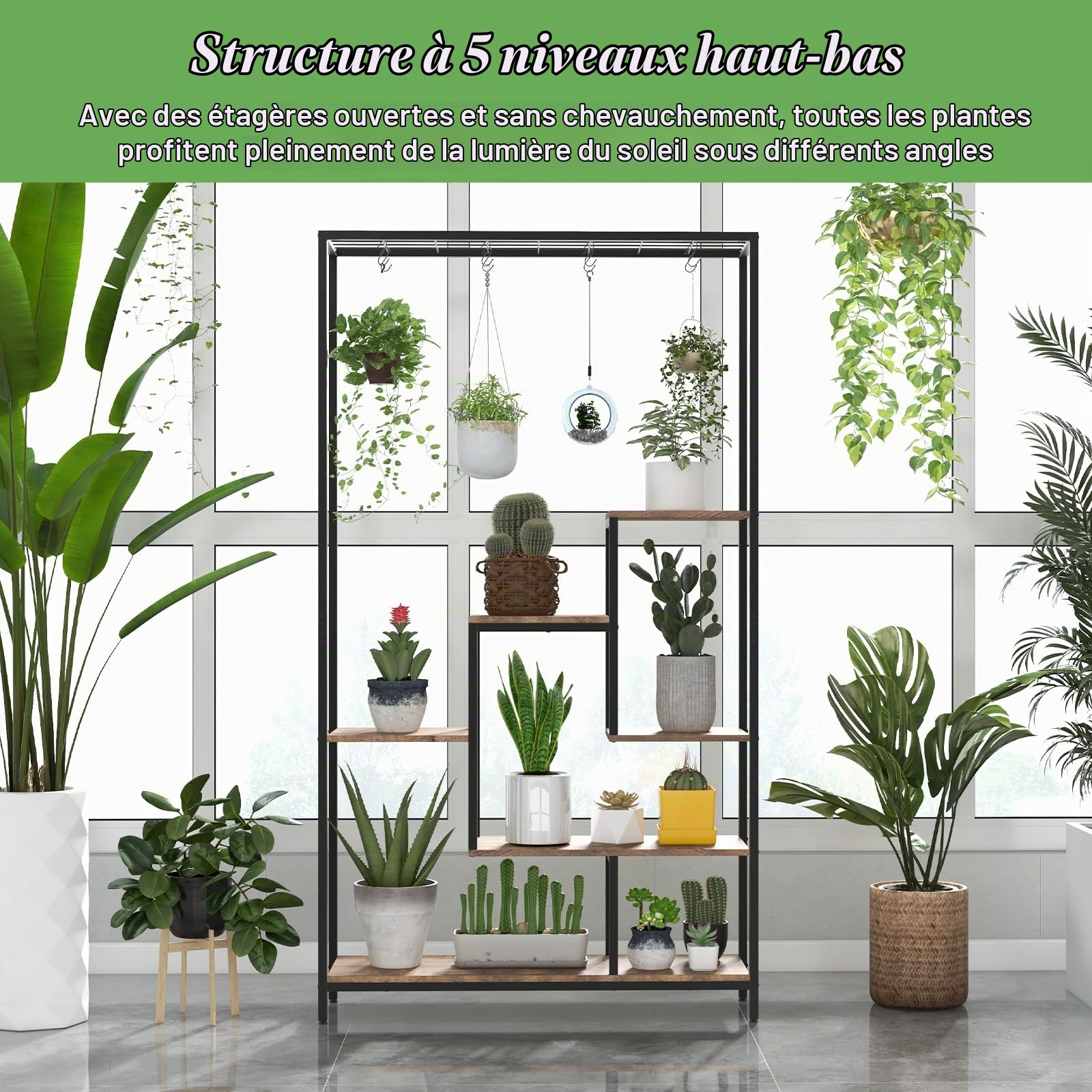 GOPLUS Support Plantes Intérieur avec 6 Étagères, Porte Plante Intérieur pour Pots de Fleurs, 10 Crochets, Étagère à Fleur en Bois et en Métal, Idéal pour Balcon, Salon, 100 x 30 x 180 CM (Marron)