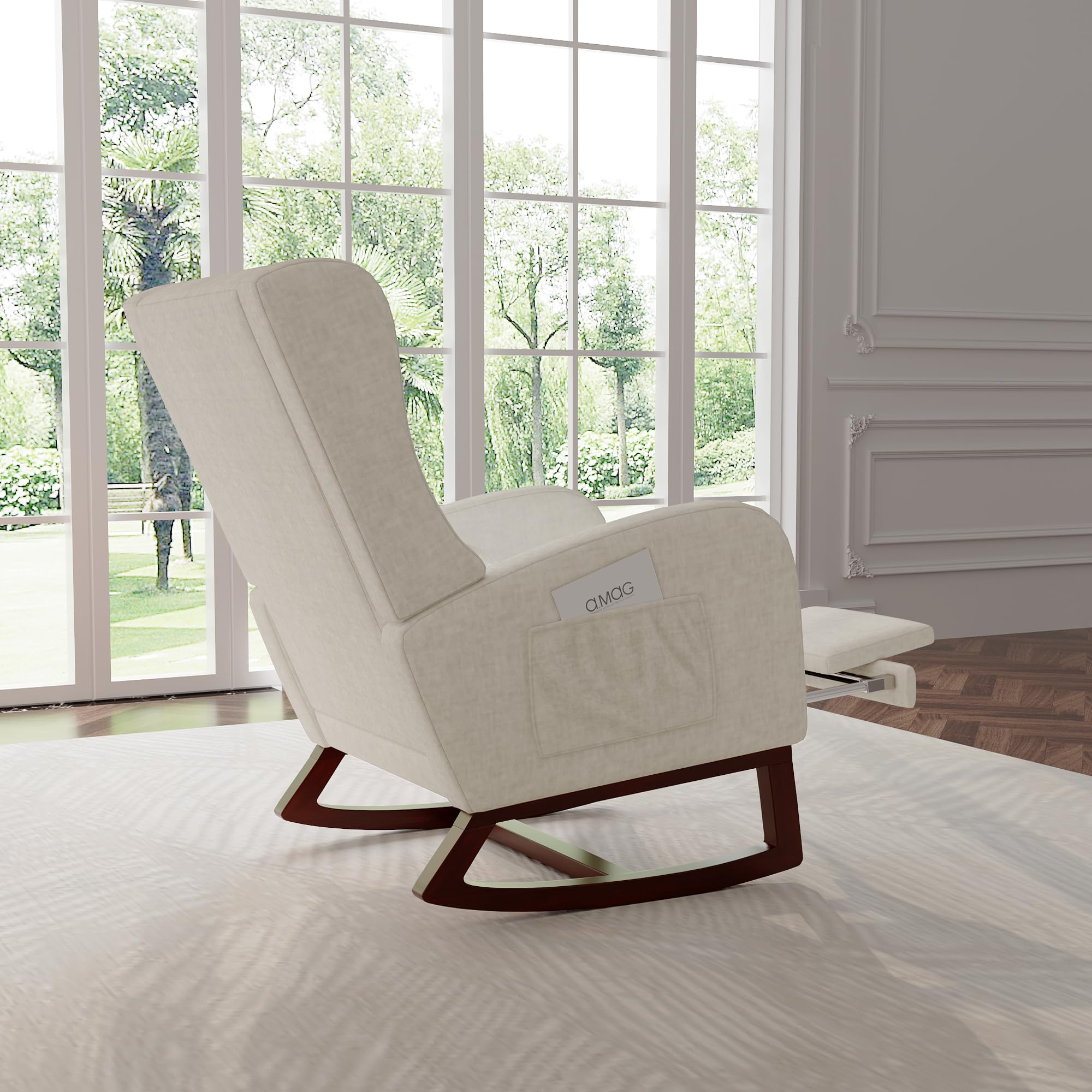 Générique Fauteuil à Bascule en Velours, Chaise a basule avec Oreiller Lombaire, Poche latérale et Repose-Pieds, Rocking Chair, Fauteuil de Salon à Bascule pour Salon, Chambre (Beige)