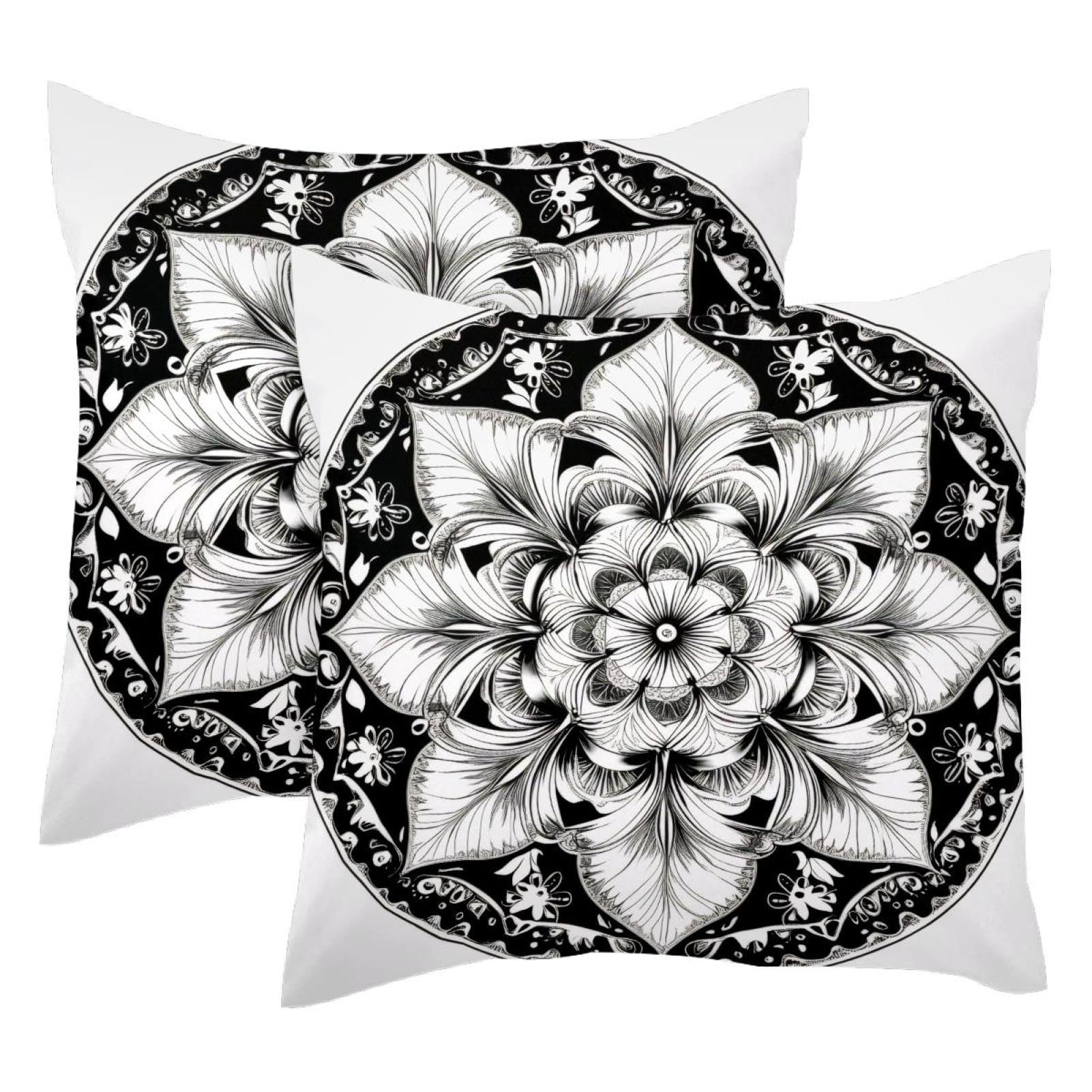 Housse de coussin velours haut de gamme au motif mandala noir et blanc 50x50cm