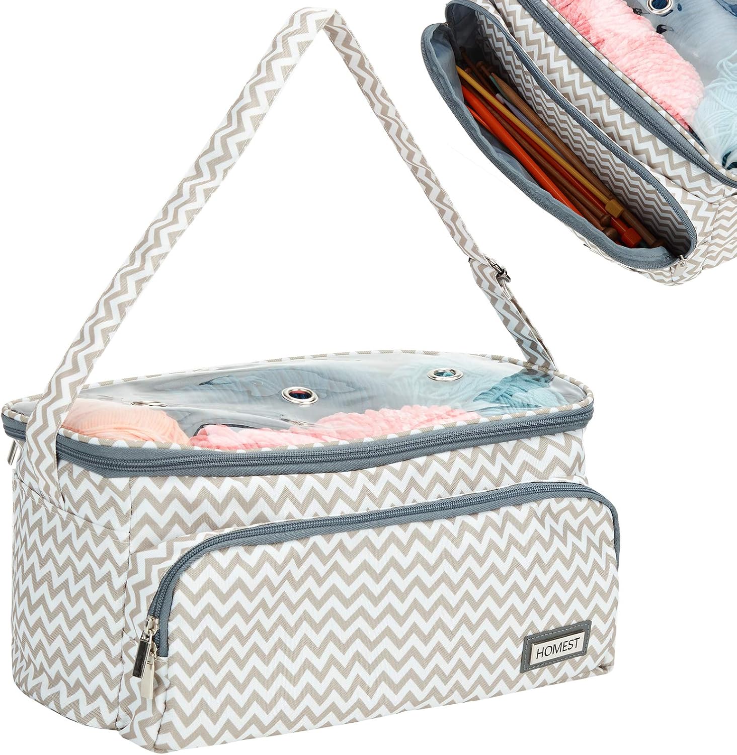 HOMEST Knitting Bag, Portable Yarn Storage Tote for Knitting Needles(up to 13 inches), Crochet Hooks and Other Accessories, with 3 Oversized Grommets, Ripple