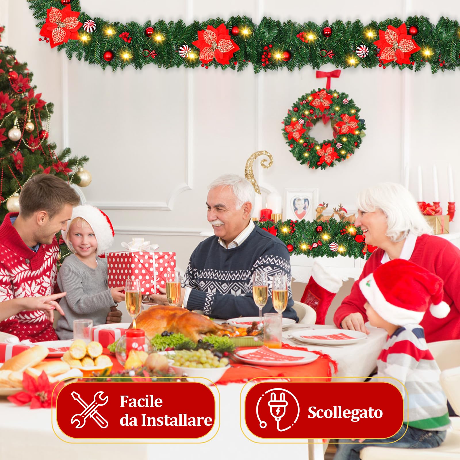 Ghirlanda Natalizia, 2.7M Ghirlande Natalizie Decorazioni Natalizie per la Casa,Ghirlanda Natalizia con Luci Alimentate Batterie,Festone Natalizio per Porta,Camini,Scale,Addobbi Natale Interni/Esterni