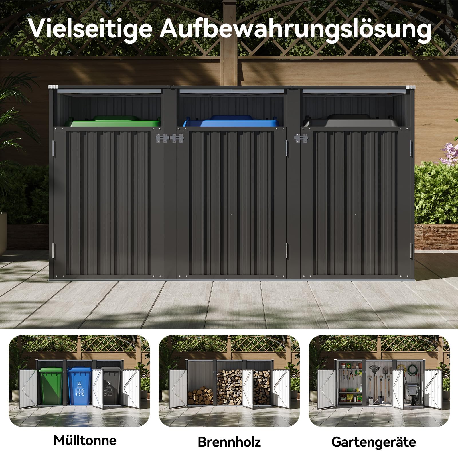 Aoxun Mülltonnenbox 3er, Mülltonnenbox aus Stahl für 3 Tonnen, Mülltonnenverkleidung mit Kettendeckel & verstärkter Rückwand, geeignet für 240L Mülltonnen, für Garten & Terrasse, Schwarz