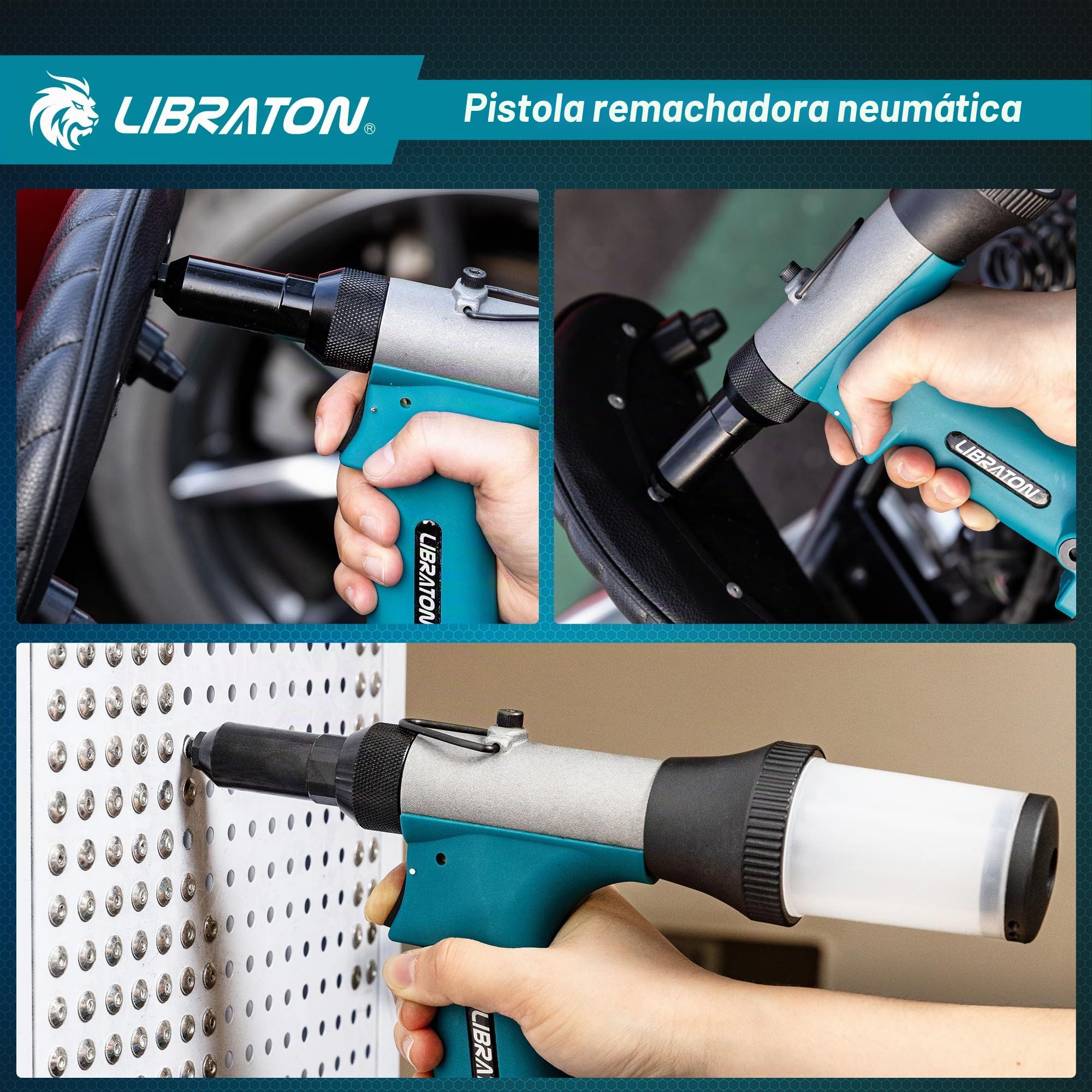 LIBRATON Remachadora Neumatica, Pistola Remachadora de Aire Hidraulica de Alta Resistencia de 2.4mm, 3.2mm, 4.0mm, 4.8mm con 200 Remaches, Diseño de Autosucción para Reparación Automotriz