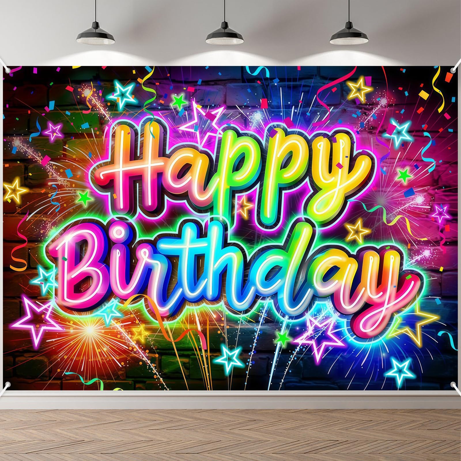 ANOMM Neon Style Happy Birthday Banner, Colorful Backdorps, Personalized Birthday Decorations Banner, Photo Booth Backgroud for Indoor Outdoor, Free Hanging Banner for Home Celebration(210x150 cm)