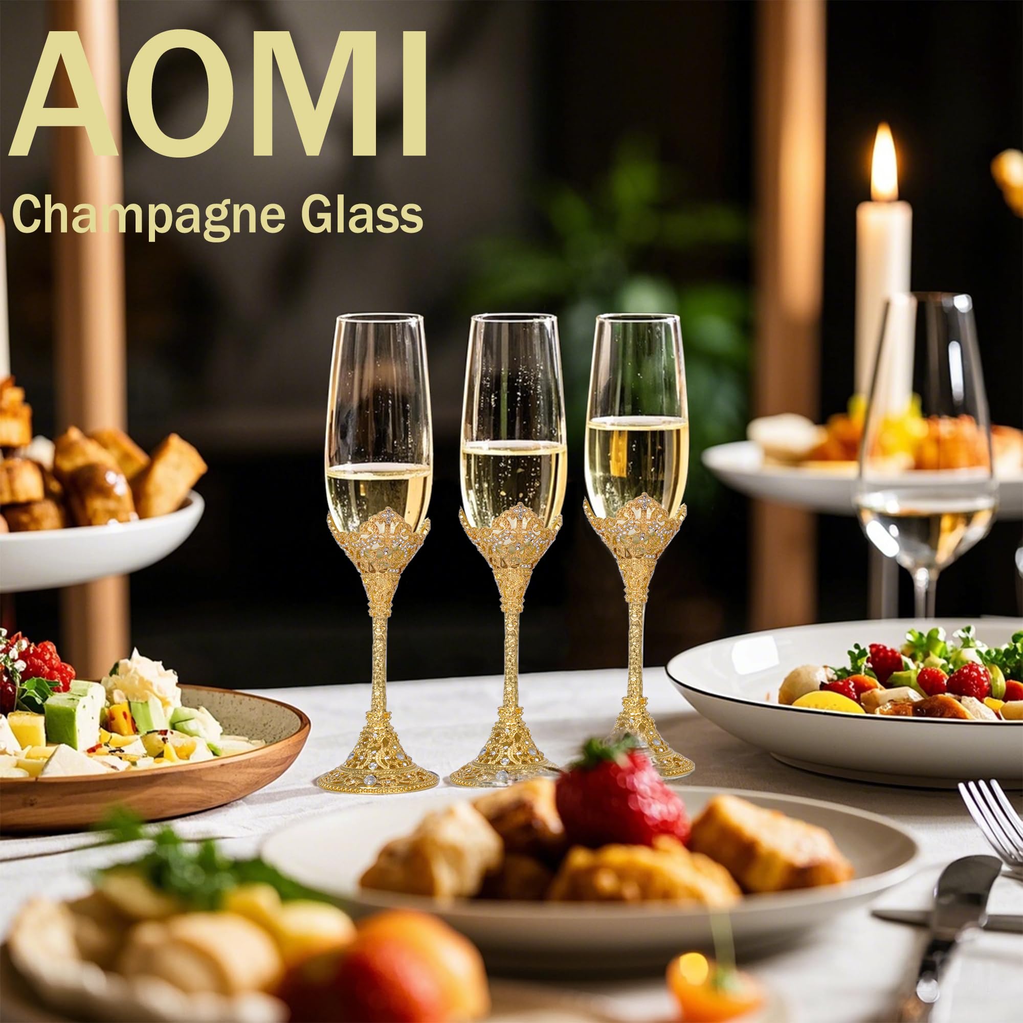 AOMI Copas de champán de boda de cristal de lujo, juego de copas de champán con tachuelas doradas de 7 onzas, elegante par de flauta grabada con caja de regalo, perfecto para bodas, aniversarios y