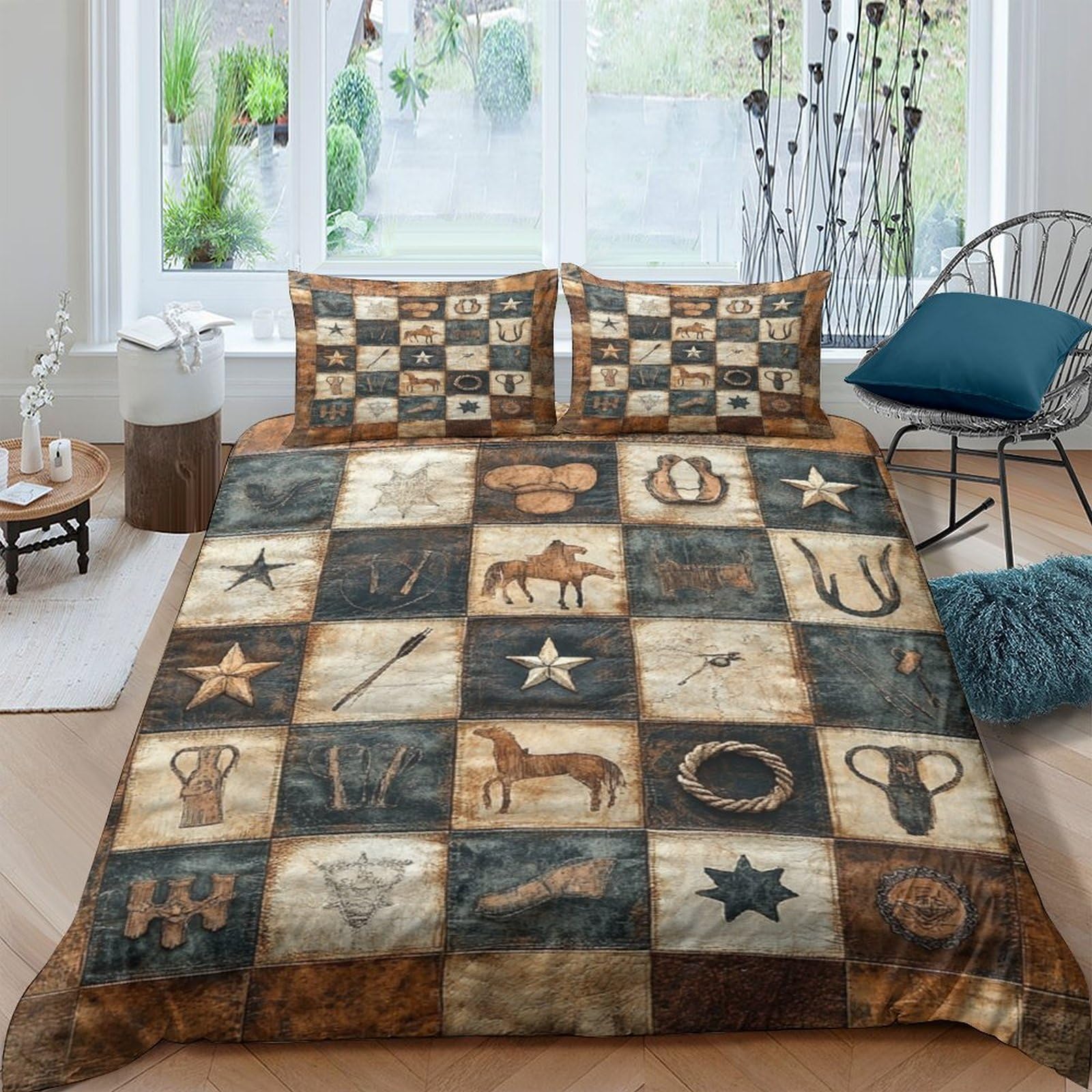 Ctjqhvkz Style-9 3D Printed Western Vintage Animal Fitted Sheet Microfiber Rustic Cowboy Star Mattress Cover Bedroom Decor Single（135X200cm）