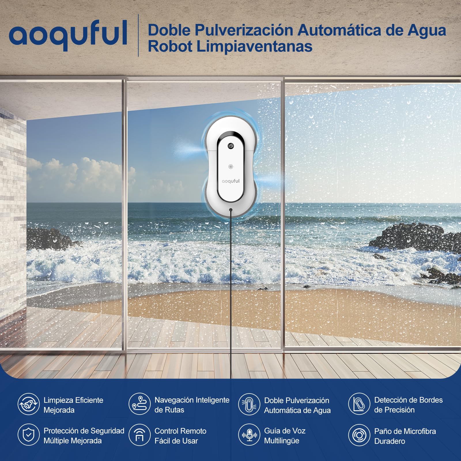 Robot Limpiacristales Inteligente, Limpiador Eléctrico de Ventanas con Doble Rociado de Agua, Control Remoto y por Aplicación, para Ventanas Interiores y Exteriores, Incluye 12 Paños, Blanco
