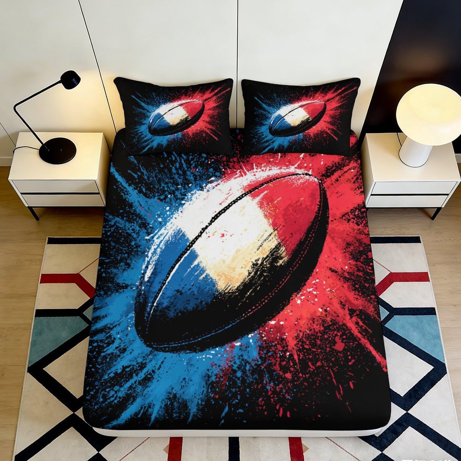 3D Printed Rugby Ball Splash Fitted Sheet Microfiber Soft Breathable French Flag Bed Cover for Bedroom Dormitory Guest Room Mattress Protection Decor 140x200x25cm