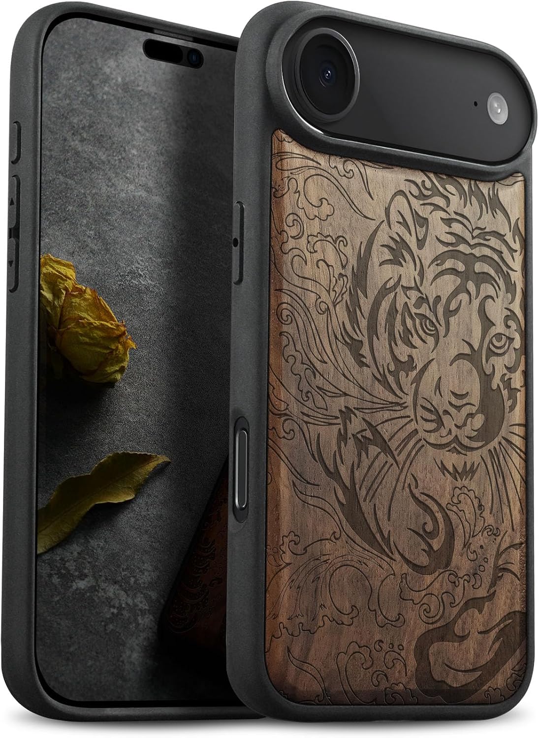 Carveit Magnetic Wooden Case for iPhone Air Case, Wood Artisan Engraved & Soft TPU Shockproof Cover, Compatible with MagSafe 17 Air Wireless Chargers (Graceful Tiger) Blackwood