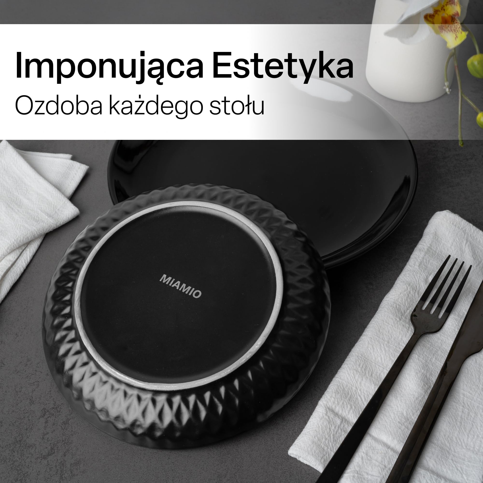 MIAMIO - Ceramiczna zastawa 12-częściowa dla 6 osób - Palmanova (Czarny) | Zastawa z 6 dużymi i 6 małymi ceramicznymi talerzami dla 6 osób - można myć w zmywarce