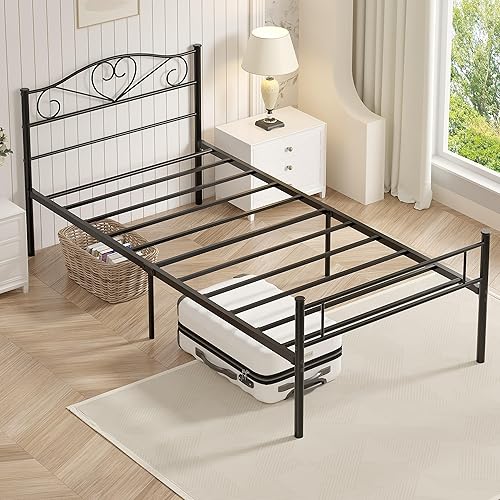 Miniatura 7 de VECELO Base de cama de plataforma metálica de tamaño individual de 14 pulgadas con cabecero y estribo, base de colchón resistente con soporte de
