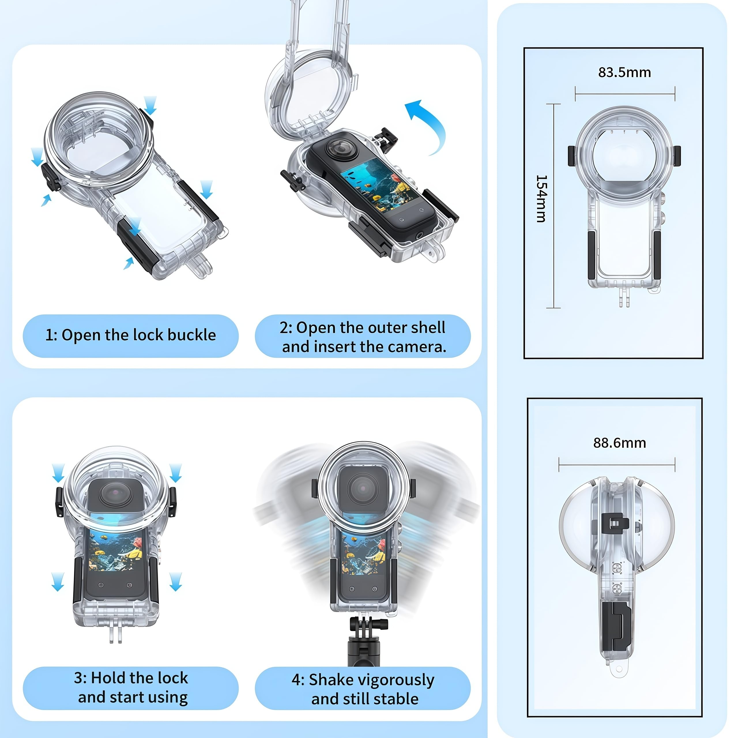 Invisible Buceo Funda Compatible para Insta360 X5-60m/196ft Bajo el Agua Buceo Carcasa Impermeable, Antivaho, Lente Ultraclara, Protección 360° para Buceo, Surf, Snorkel y Extremos Deportes