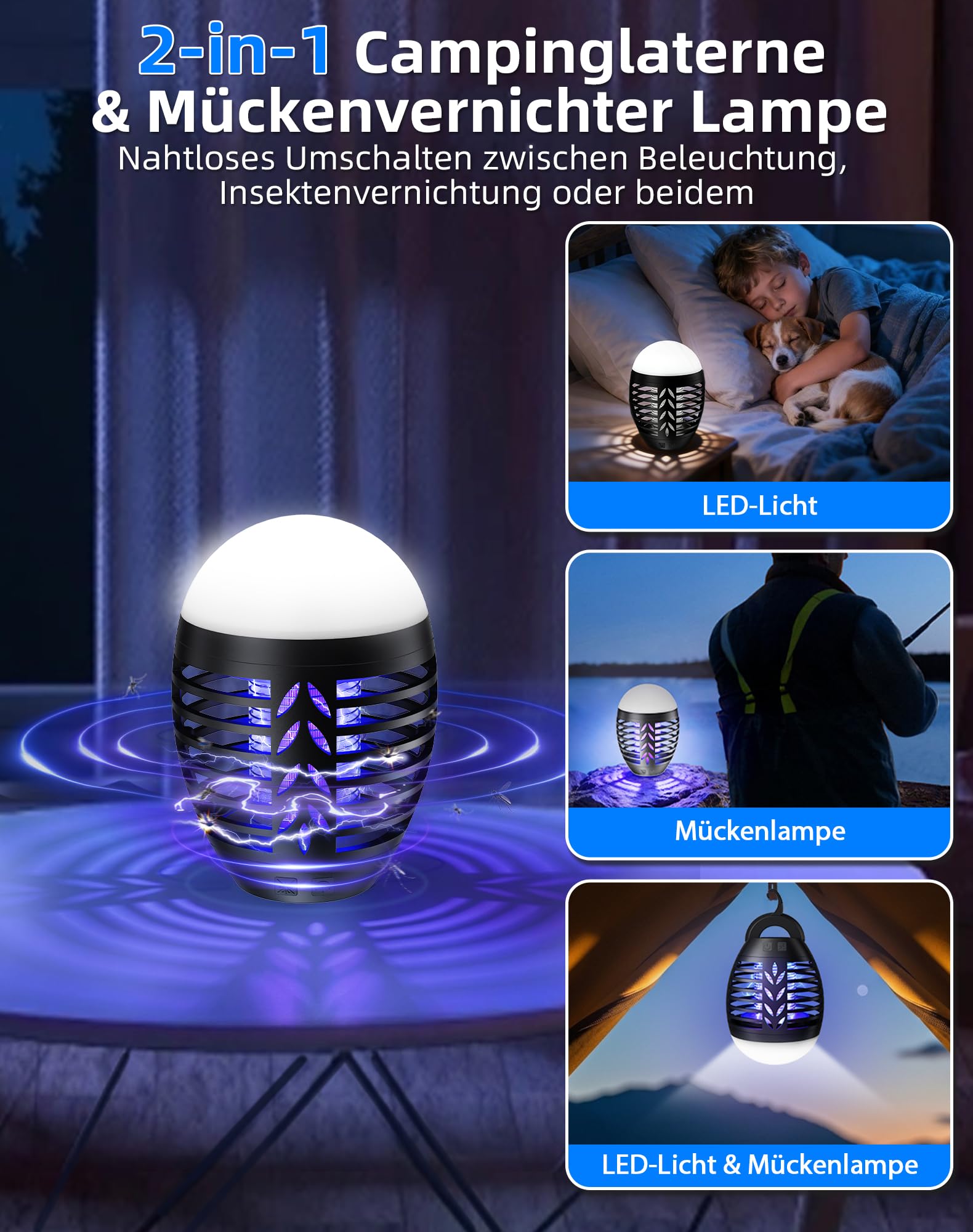 Insektenvernichter Campinglampe Outdoor, LED Mückenlampe USB Wiederaufladbar 2-In-1 Moskitokiller Lampe mit LED Licht, 3 Beleuchtungsmodi, Wasserdicht UV Mückenschutz für Camping, Zelt, Garten