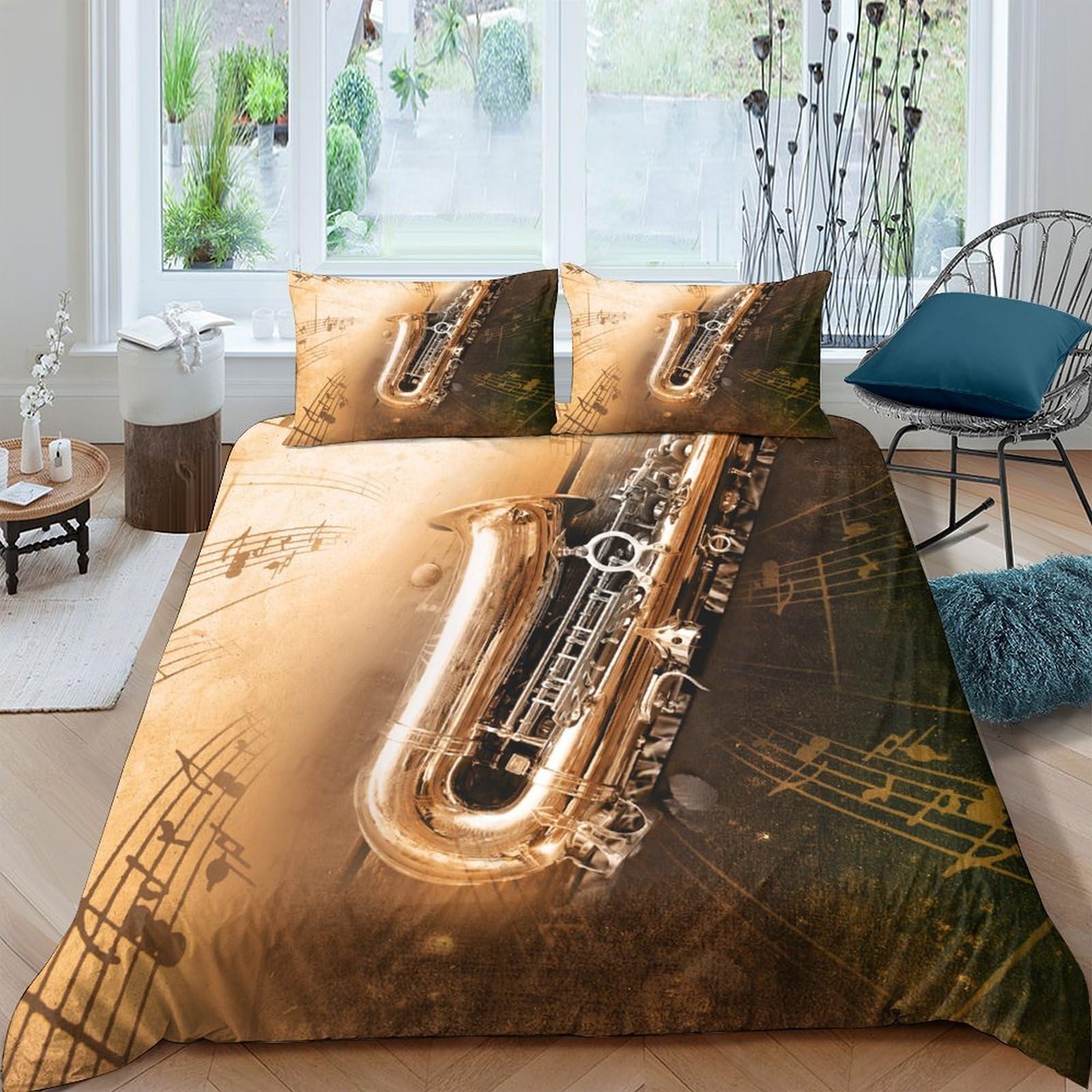 Ctjqhvkz Style-2 3D Printed Saxophone Music Fitted Sheet Microfiber Soft Brown Vintage Jazz Bed Cover For Bedroom Guest Room Decor Single（135X200cm）