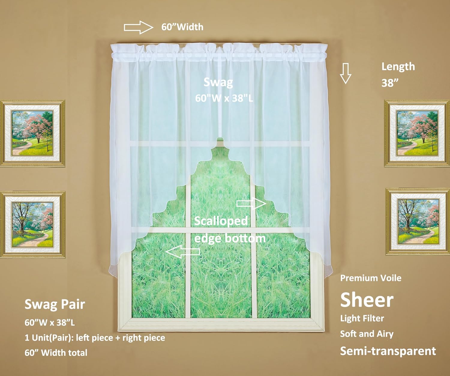 Today's Curtain Emelia Original Voile Swag Pair 38", White, 60" W x 38" L