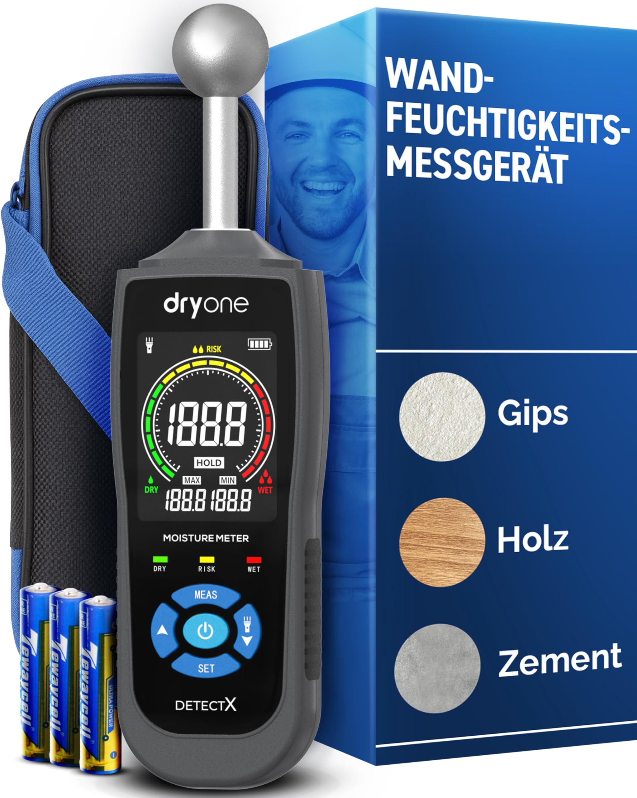 DryOne® DetectX Feuchtigkeitsmessgerät für Wand, Holz, Mauerwerk, Estrich & Beton - verlässliche Messung & einfache Bedienung - Feuchtigkeitsmesser & Wandfeuchtemessgerät gegen Schimmel & Schäden
